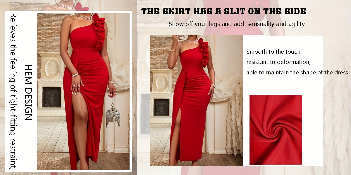 Women'S Elegant Formal Party dress - Sleeveless One-Shoulder Evening gown, Bodycon Fit with Asymmetric Neckline, Red Formal event dress for Women - Perfect for Valentine's, Galas, Proms, Weddings - Sophisticated Party Outfit,