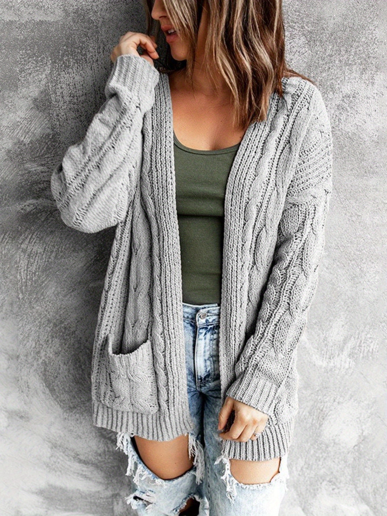 Women'S Elegant Cable Cardigan - Open Front Sweater with Side Pockets, Soft Sweater for Fall/Winter, Office, Party, Everyday Outfits - Women'S Sweater, Ladies Sweaters, Fall Wardrobe, Classic Knitwear, Cozy Material, Versatil