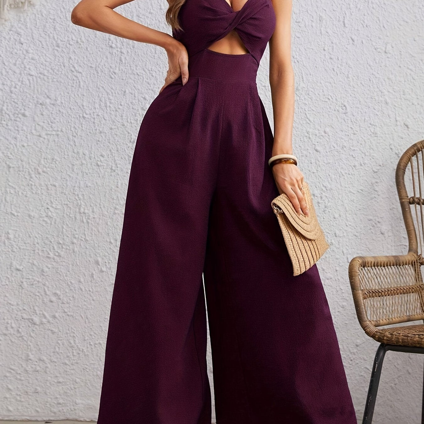 Women'S Elegant One-Piece Overalls Romper - Formal to Casual Outfit, Smocked Front & Waist, Easy-to-Wear Jumpsuit for Parties, Office, Casual Attire - Spring/Fall Clothing, Party Attire, Vneck Design, Flowy Fabric, Office Att