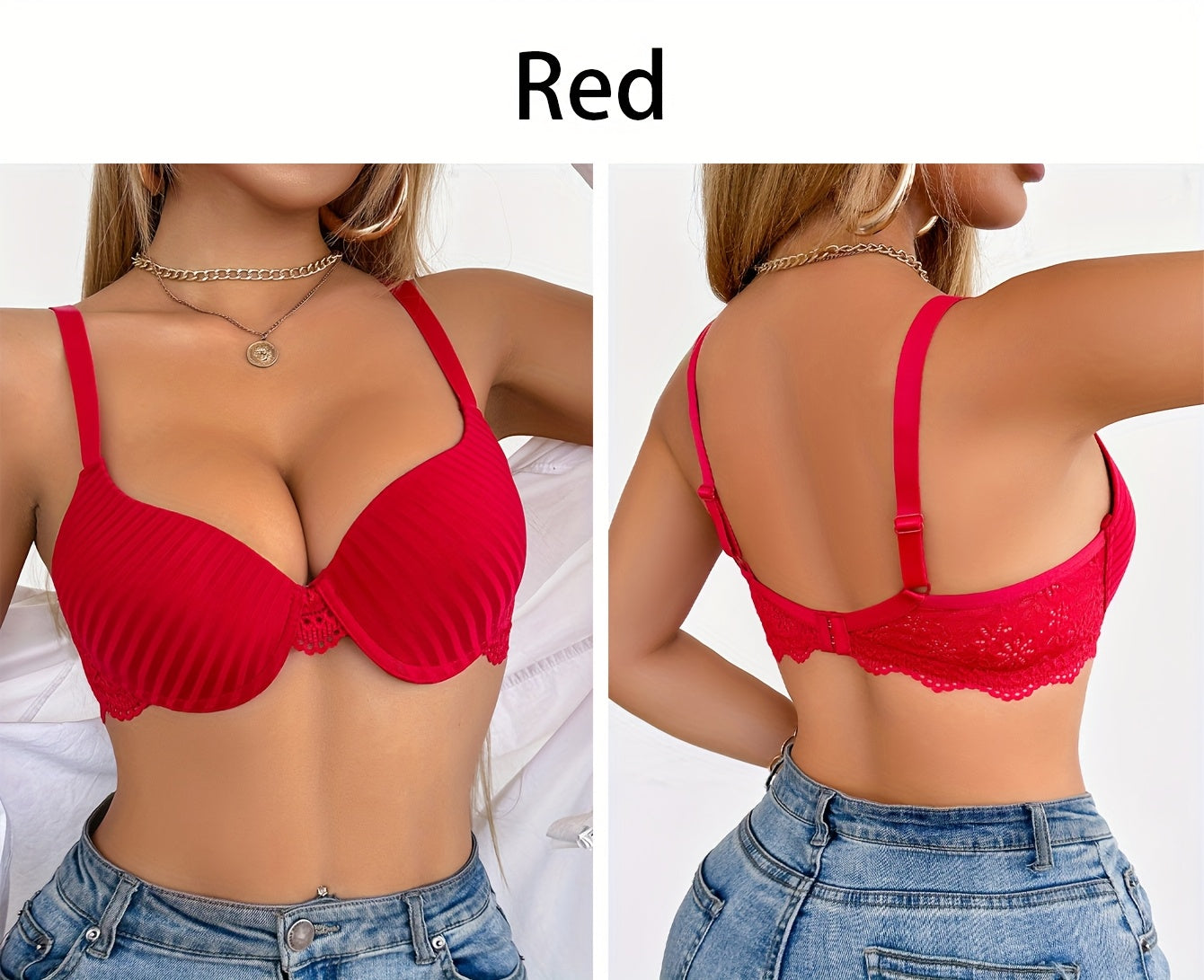 6pcs Women's Elegant Striped Push-Up Bra Set in Black, Beige, Red, White, Light Blue, Navy Blue - Soft, Breathable, Full Coverage Underwire Support with Lace Detailing | Comfortable Everyday Bras | Elegant Striped Bra Set | C