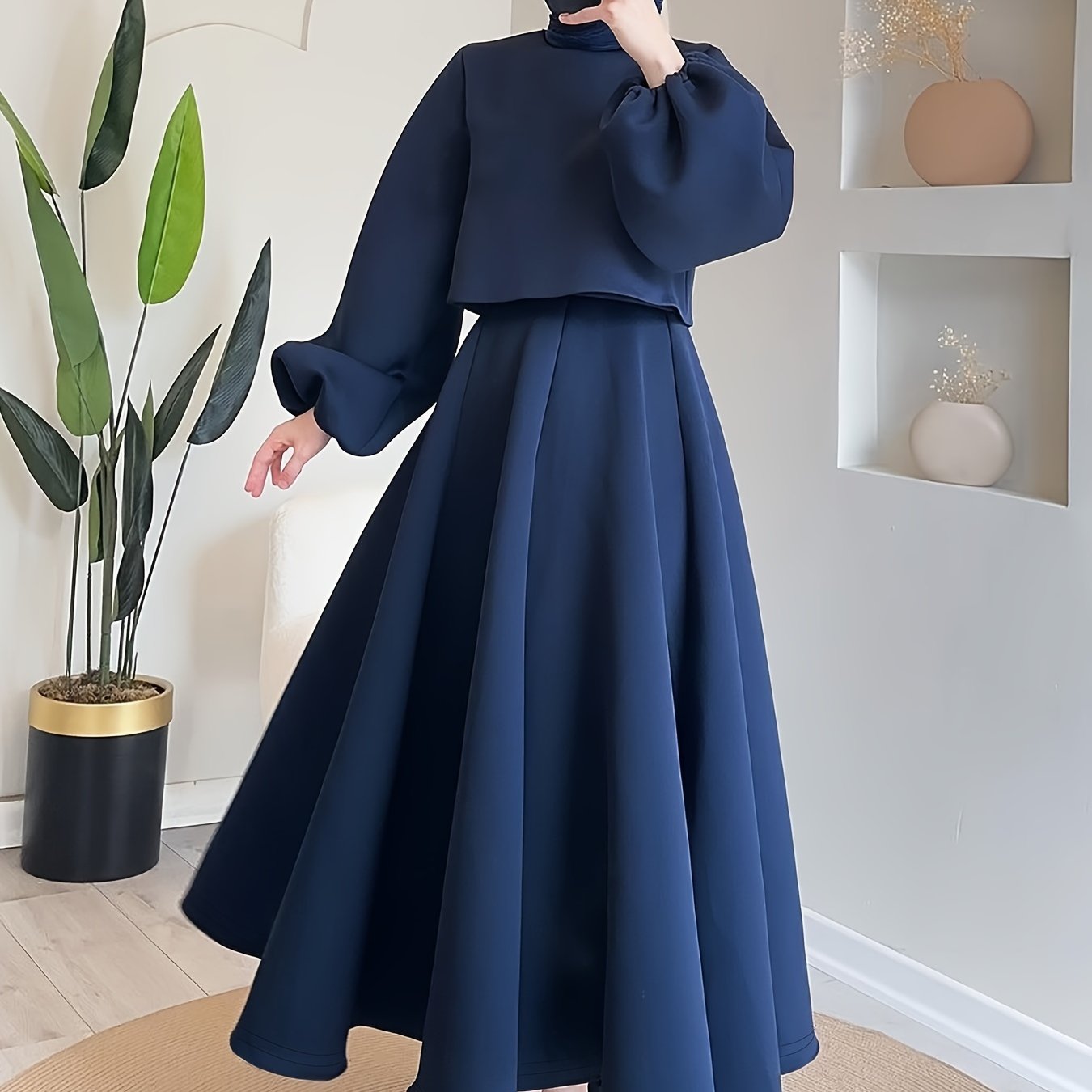 Chic Solid Color Skirt Set - Elegant Crew Neck Lantern Sleeve Top, Flowy Pleated Draped Midi Skirt, Comfortable Women's Clothing for Everyday Wear
