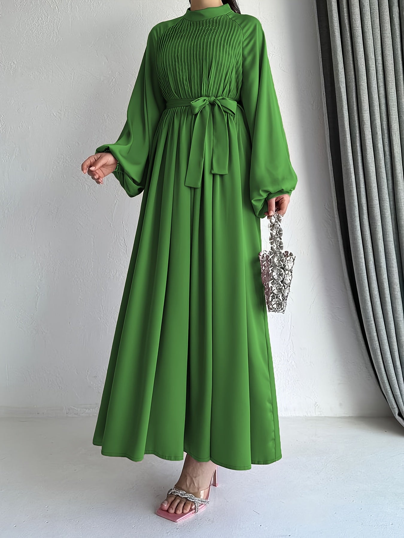 Solid Pleated Mock Neck Modest Dress, Elegant Lantern Sleeve Belted Ruffle Hem Maxi Dress, Women's Clothing