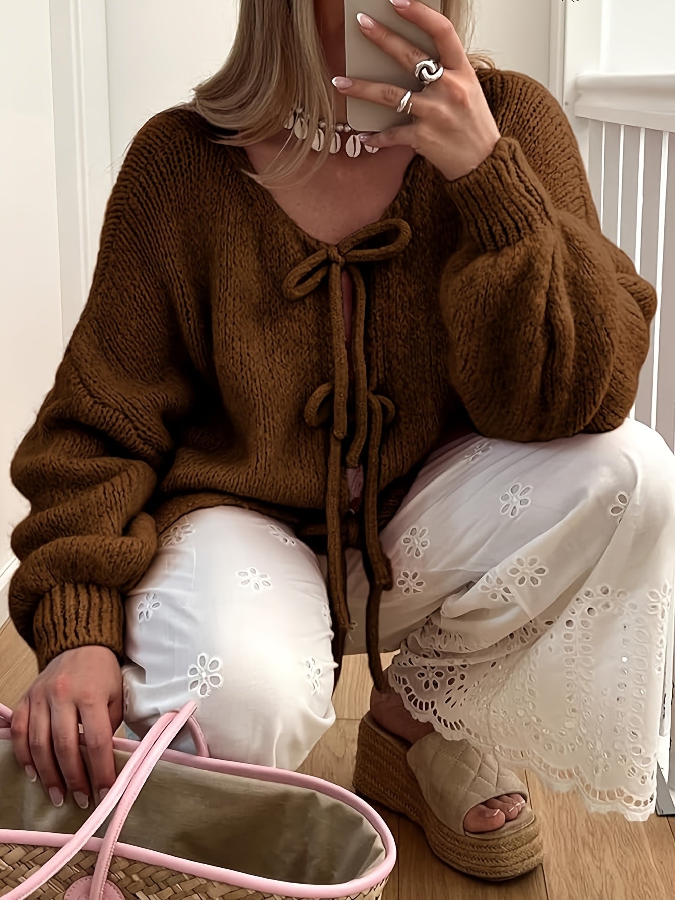 Women'S Oversized Bowtie Knit Sweater Cardigan With Y2K Vibe Long Sleeves V Neck Open Front Casual Wear