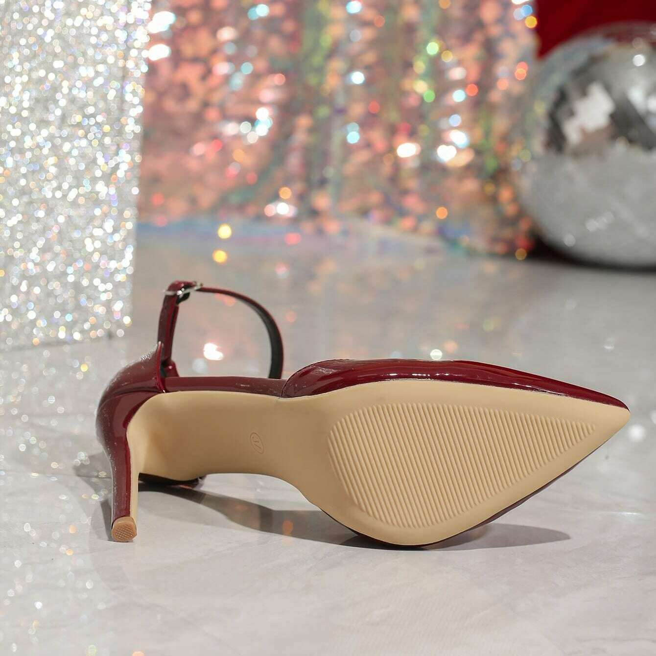 Burgundy Stiletto Heels Elegant Women's Sandals - Sleek Pointed Toe with Side Cut-Out, Faux Cover Strap & Rubber Sole, Perfect for Evening Events