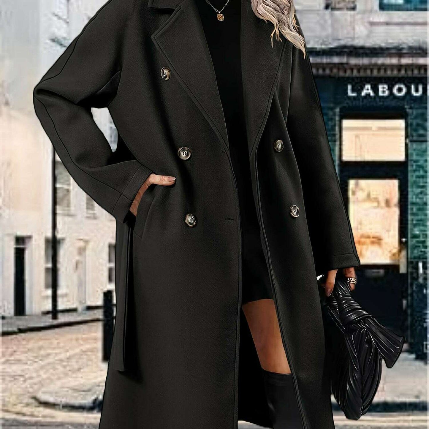 Women's Pea Coat with Lapel Collar and Belted Pockets