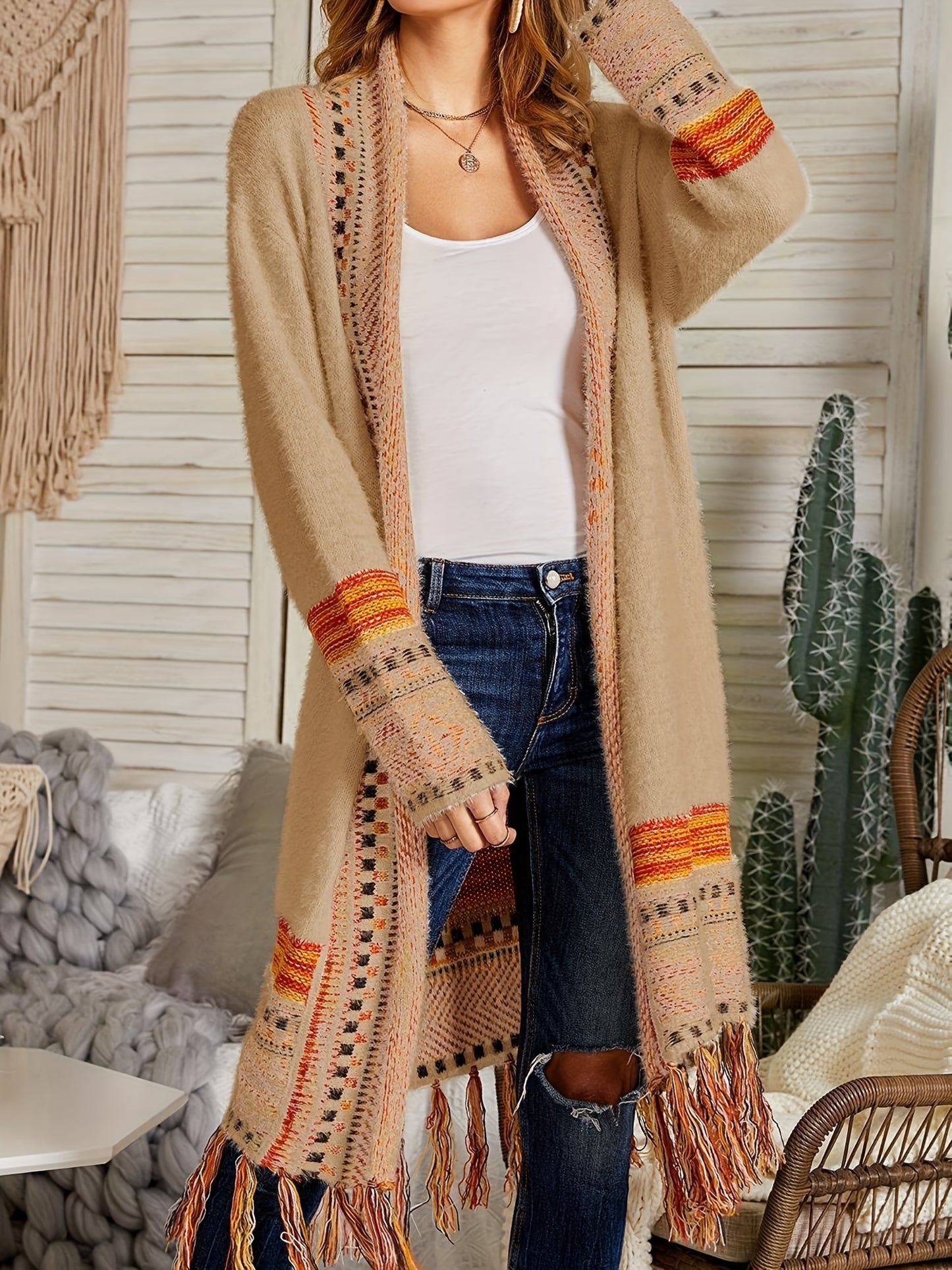 Women Boho Cardigan Sweater Long Open Front Maxi Knit Sweaters Aztec Tribal Tassel Fringe Thin Coat