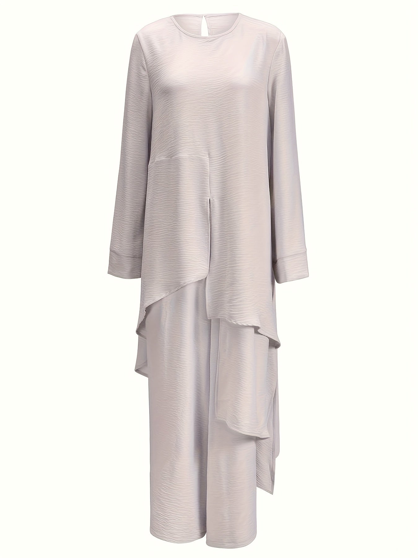 Muslim Women's Round Neck Abaya and Wide-Leg Pants Set, Middle Eastern Two-Piece Abayas with Round Neck