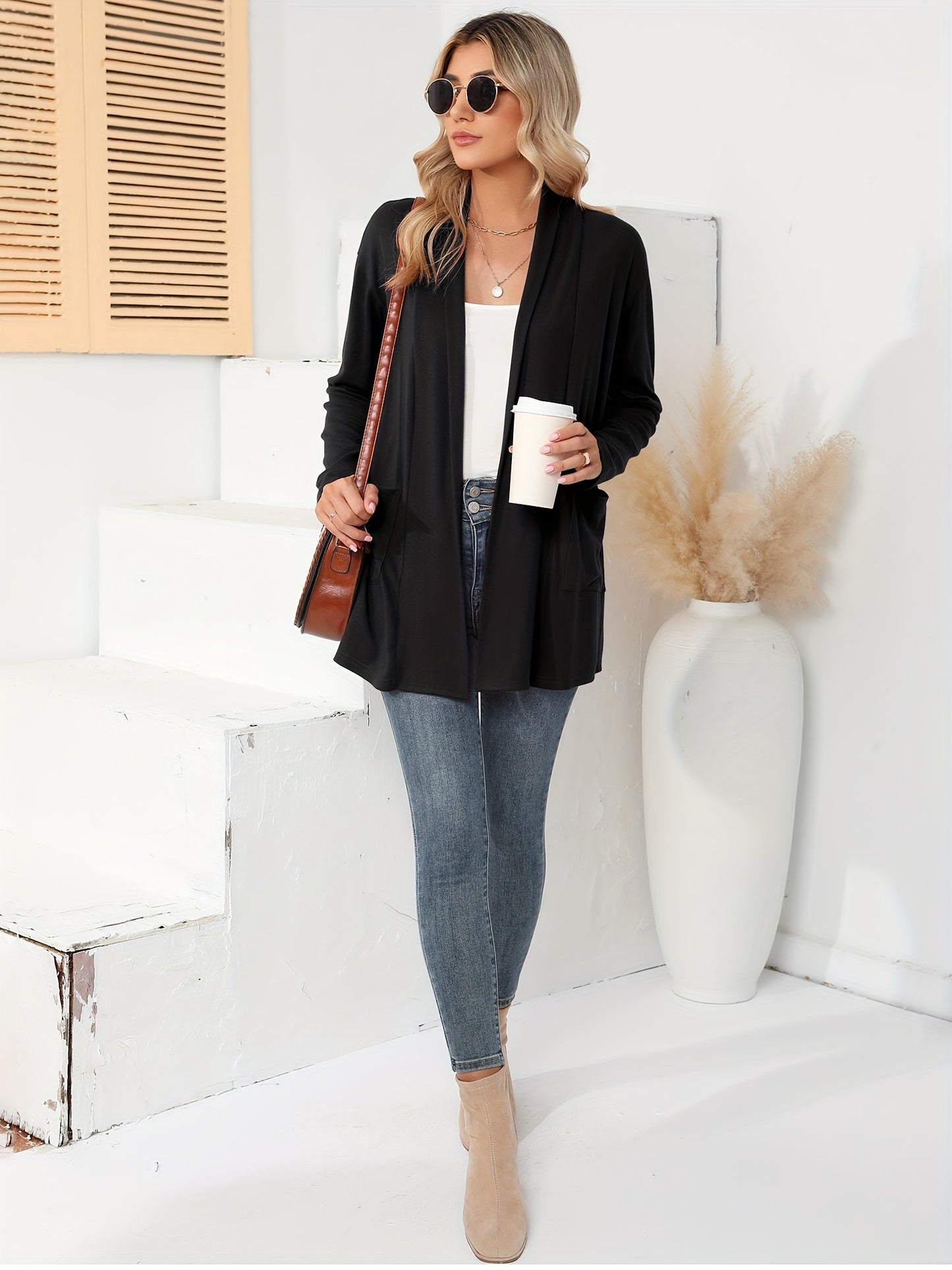 Spring & Autumn Women's Casual Solid Color Cardigan – Open Placket with Double Pocket Design