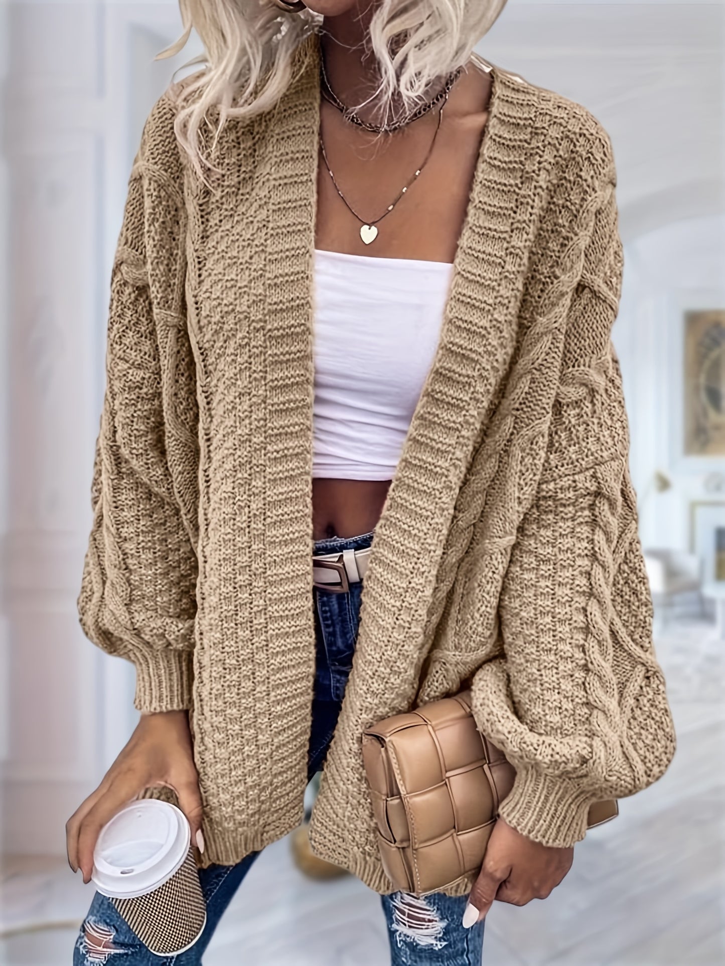 Women's Oversized Chunky Cable Cardigan Sweater Coat - Soft Pink Open Front Long Sleeve Winter Coat with Button-Free Closure, Cozy Fall & Winter Sweater for Casual Semi-Formal Outfits