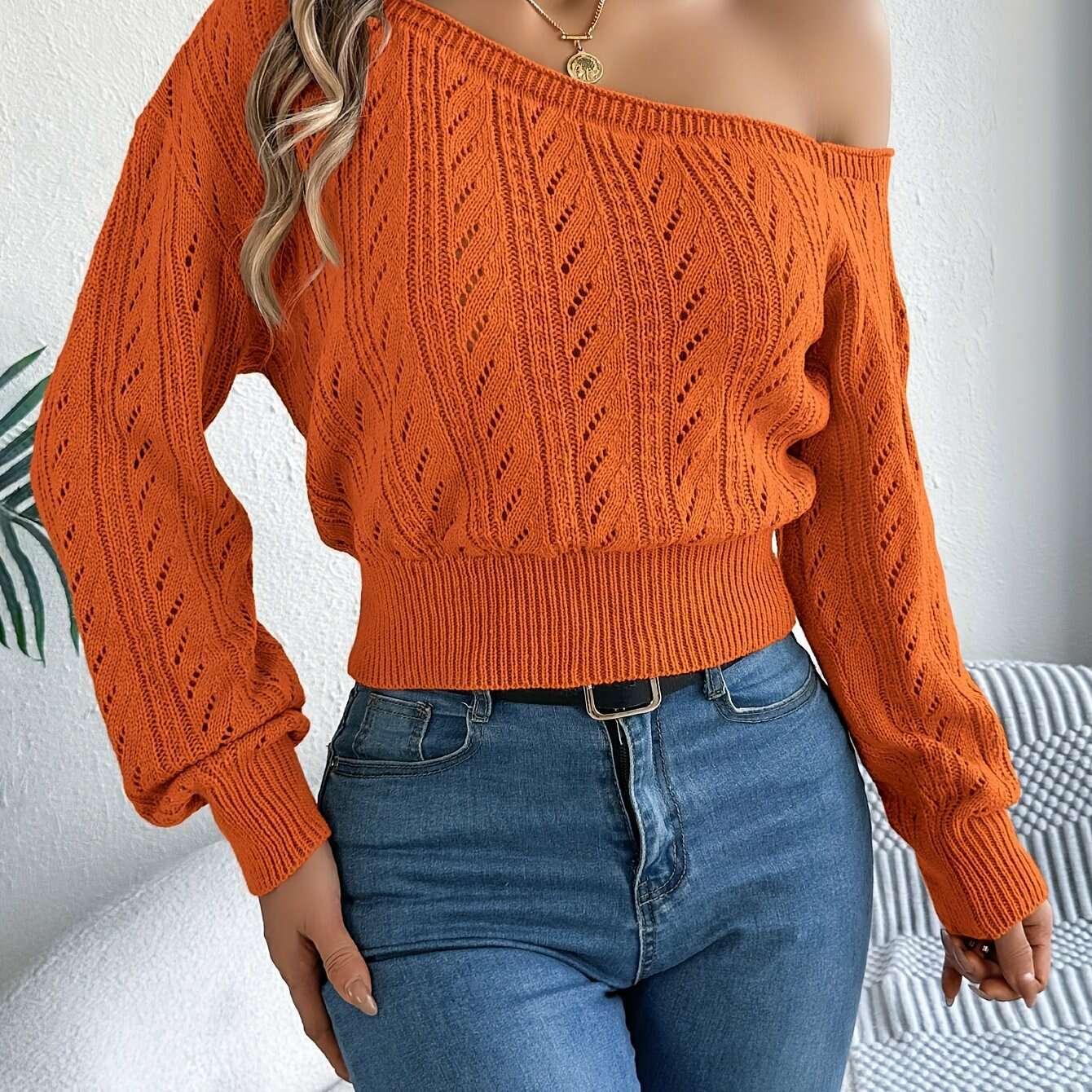 Elegant Slant Shoulder Cut-Out Knit Sweater for Women
