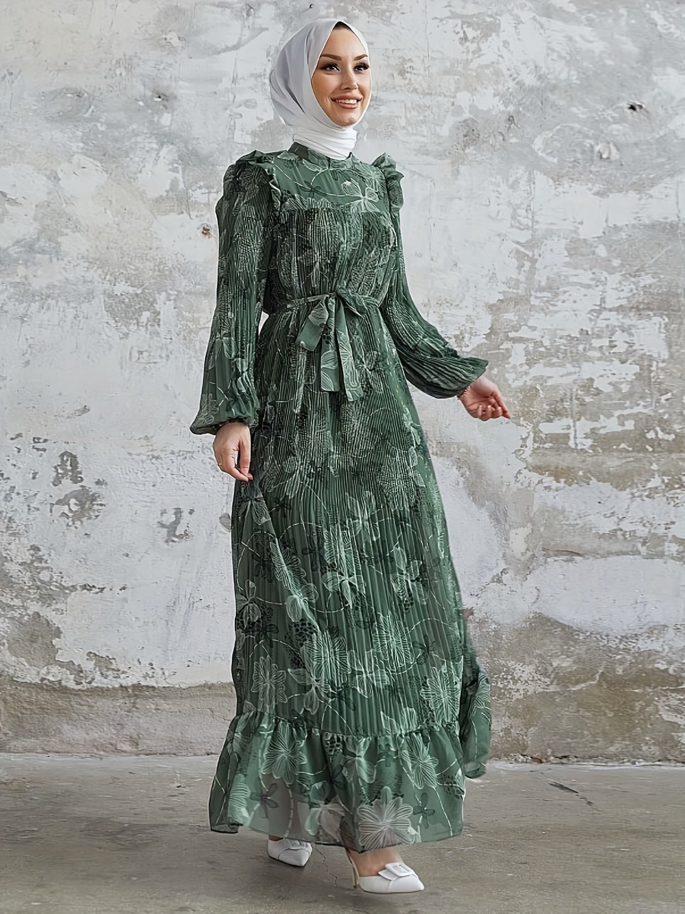 Stunning Floral Print Crew Neck Long Sleeve Abaya Dress - Elegant Ruffle Hem Maxi Length, Belted, Polyester, Machine Washable, Woven, Middle Eastern Style Womens Clothing for All Seasons