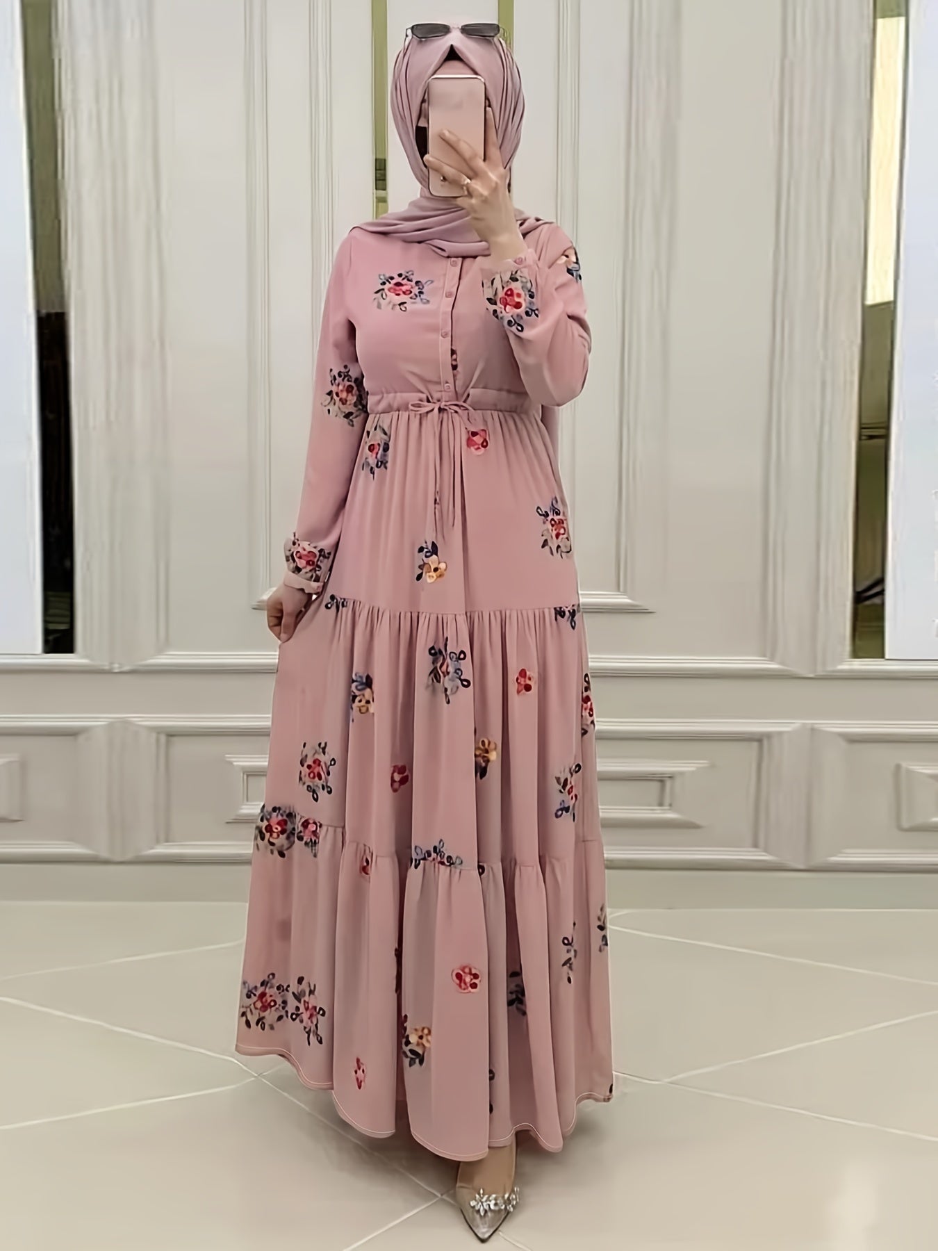 Ramadan Floral Pattern Abaya Dress, Elegant Button Front Long Sleeve Maxi Dress, Women's Clothing