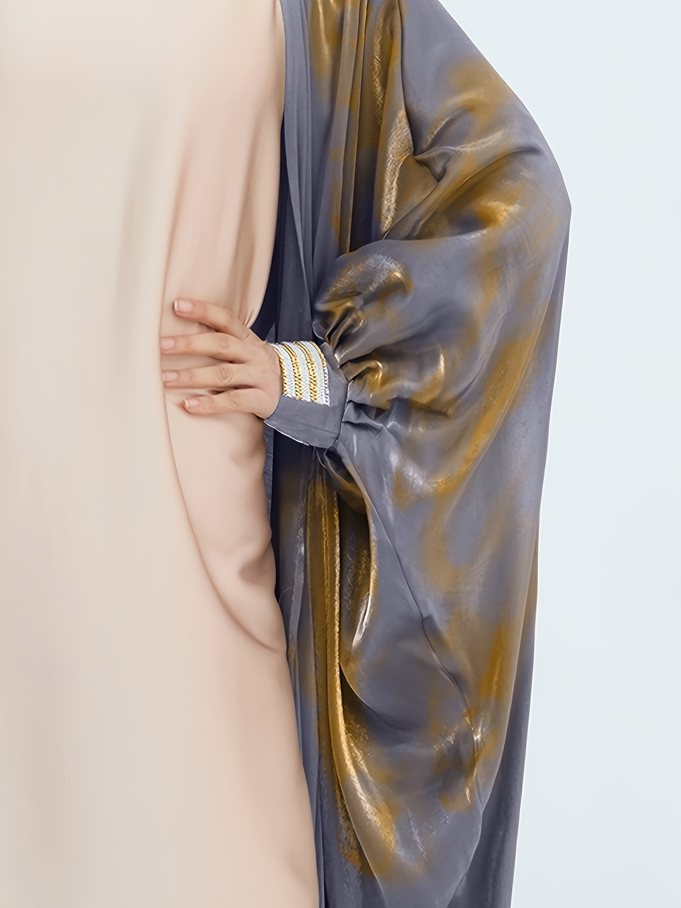 Women'S Reflective Golden & Gray Batwing Sleeve Long Tunic - Long Sleeve, Flowing Design, Perfect for Spring/Summer, Stylish Layering Piece, Summer Fashion | Flowing Tunic | Glossy Finish