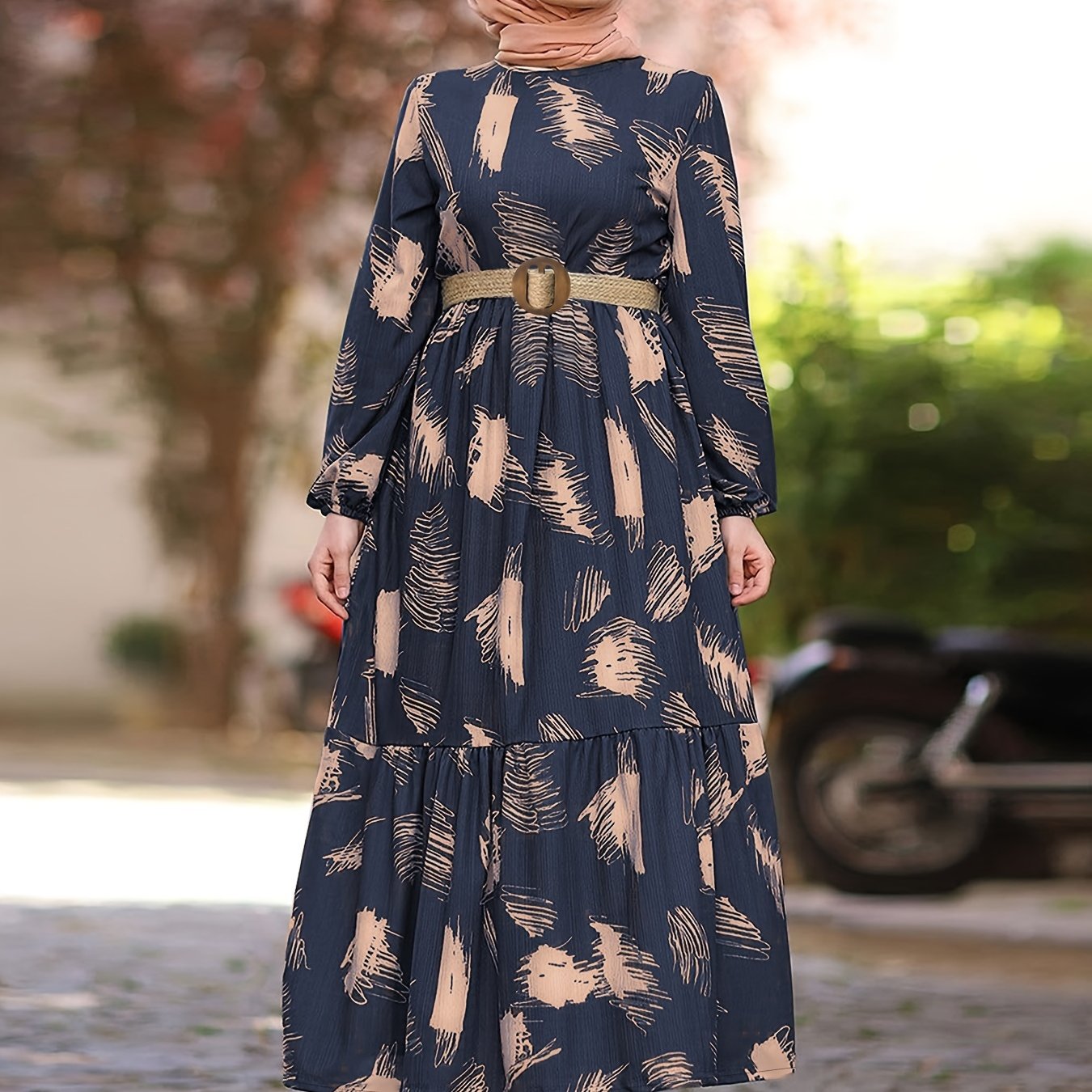 Long Sleeve Ramadan All Over Print Crew Neck Maxi Kaftan, Casual Women's Clothing