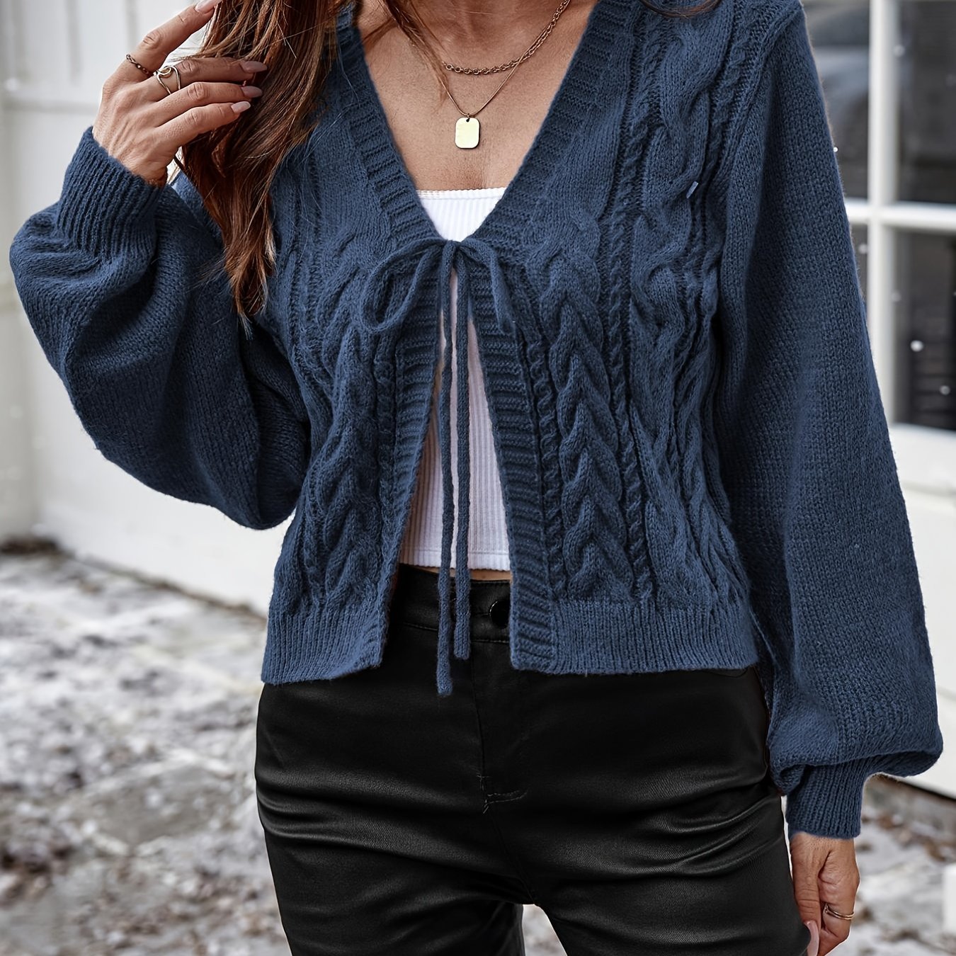 Long Sleeve Solid Color Polyester Cardigan - Elegant Casual Knit Sweater with V-Neck, Tassel Detail, and Drawstring for All Seasons