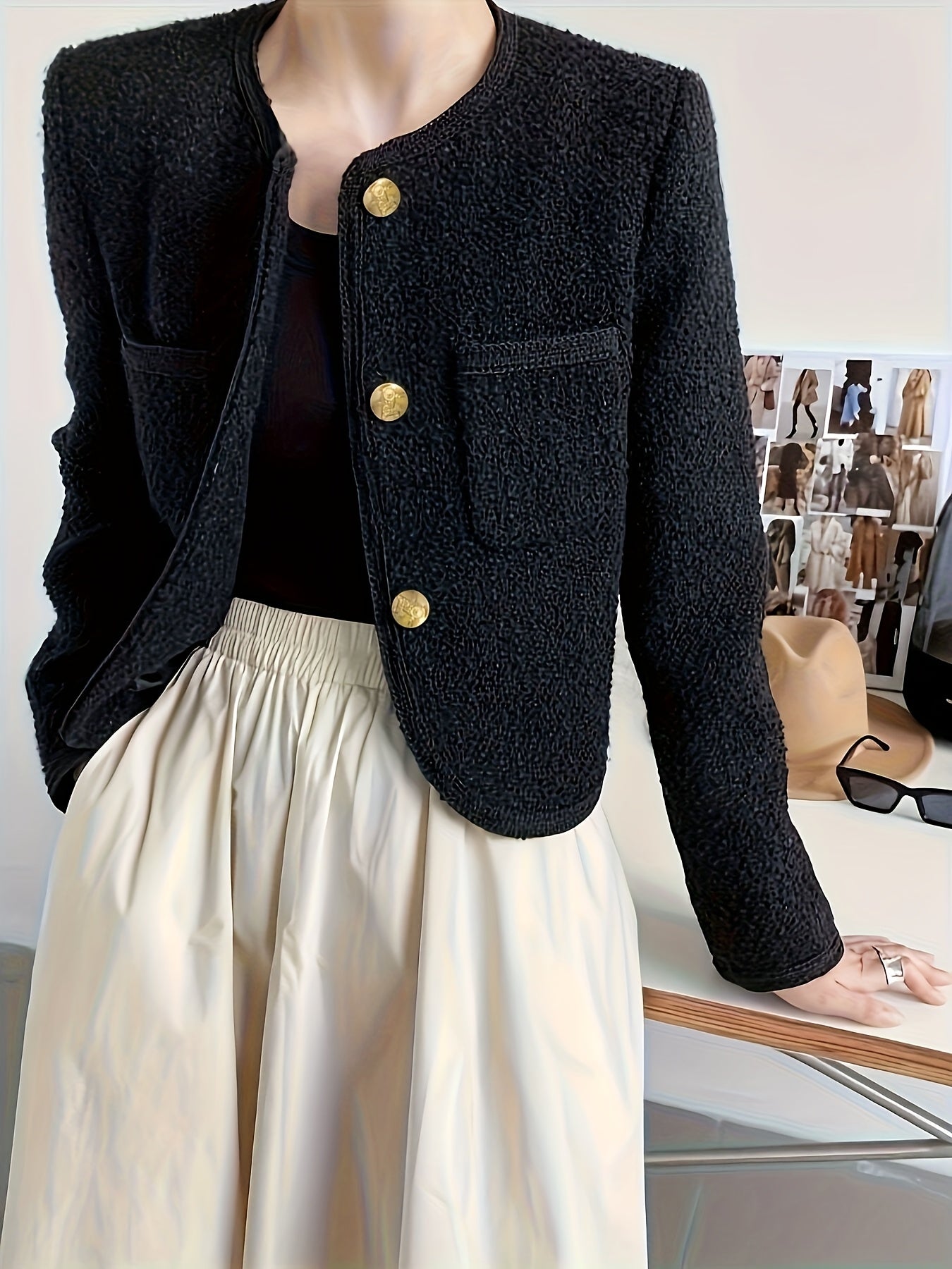 Women's Structured tweed blazer - Chic office to party Jacket with Front Button Closure, Belt loops, Non-Stretch Fabric - Fall/Winter Transitional Blazer for Professional, Formal, Everyday Outfits - Layering Essential, Formal