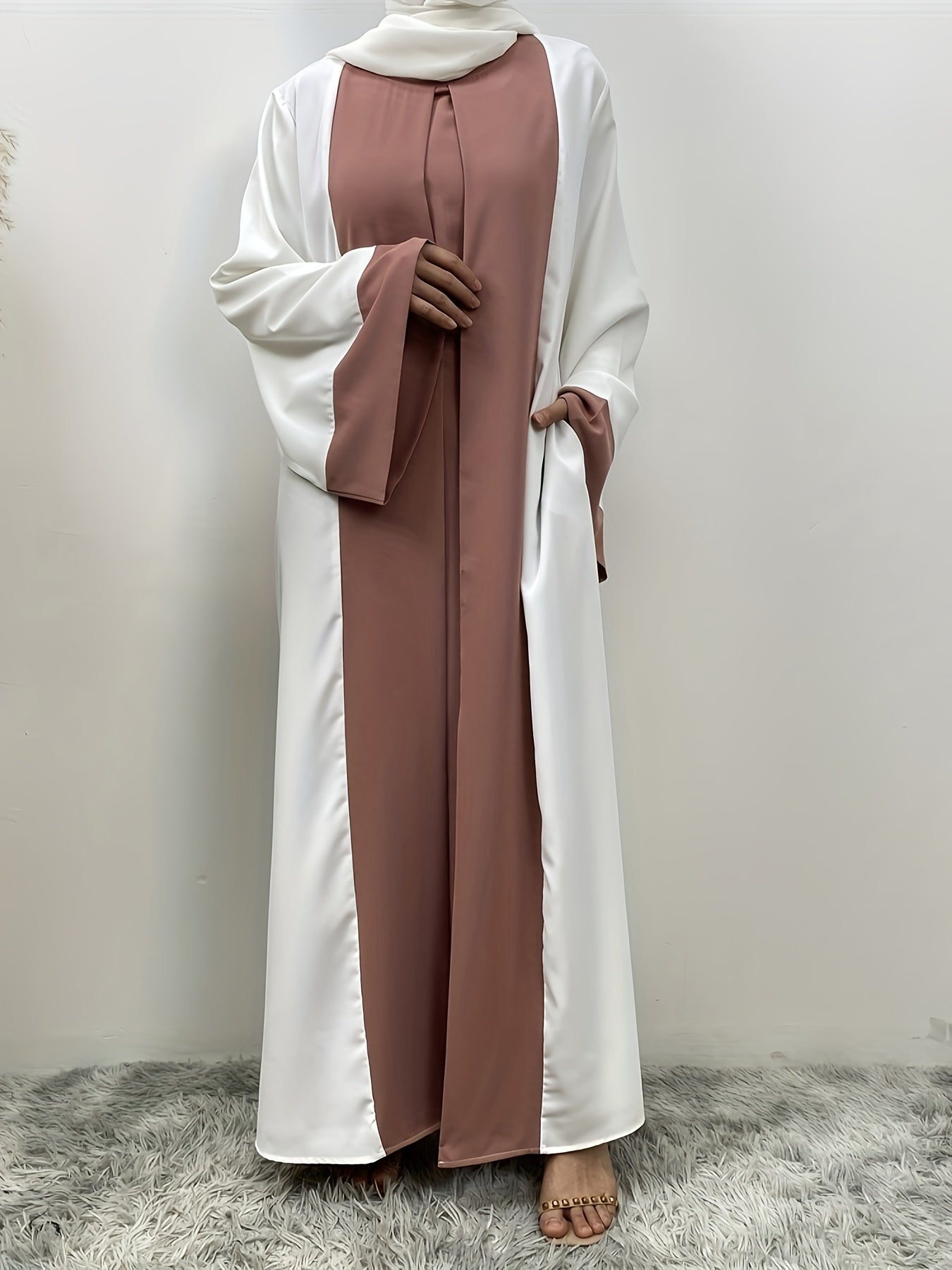 Elegant Abaya Faux Two Pieces Design, Solid Color, Long Sleeve, Kimono, Polyester, Woven, 160G/M², with Pocket, for Muslim, Spring/Fall