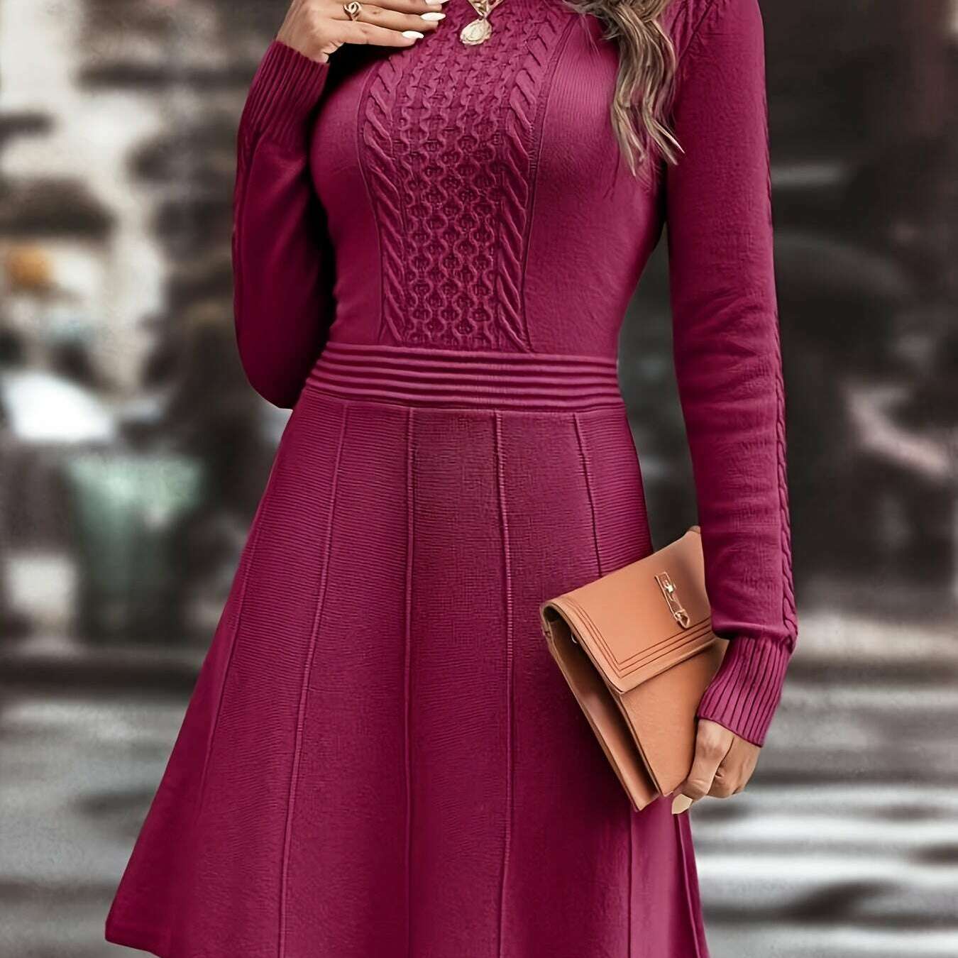 Long Sleeve Solid Crew Neck Knitted A-Line Ruffle Hem Dress - D&M Boutique