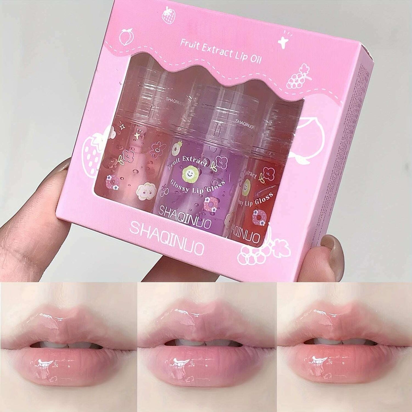 Three-Piece Fruit Essence Lip Oil Set: Plump & Moisturizing