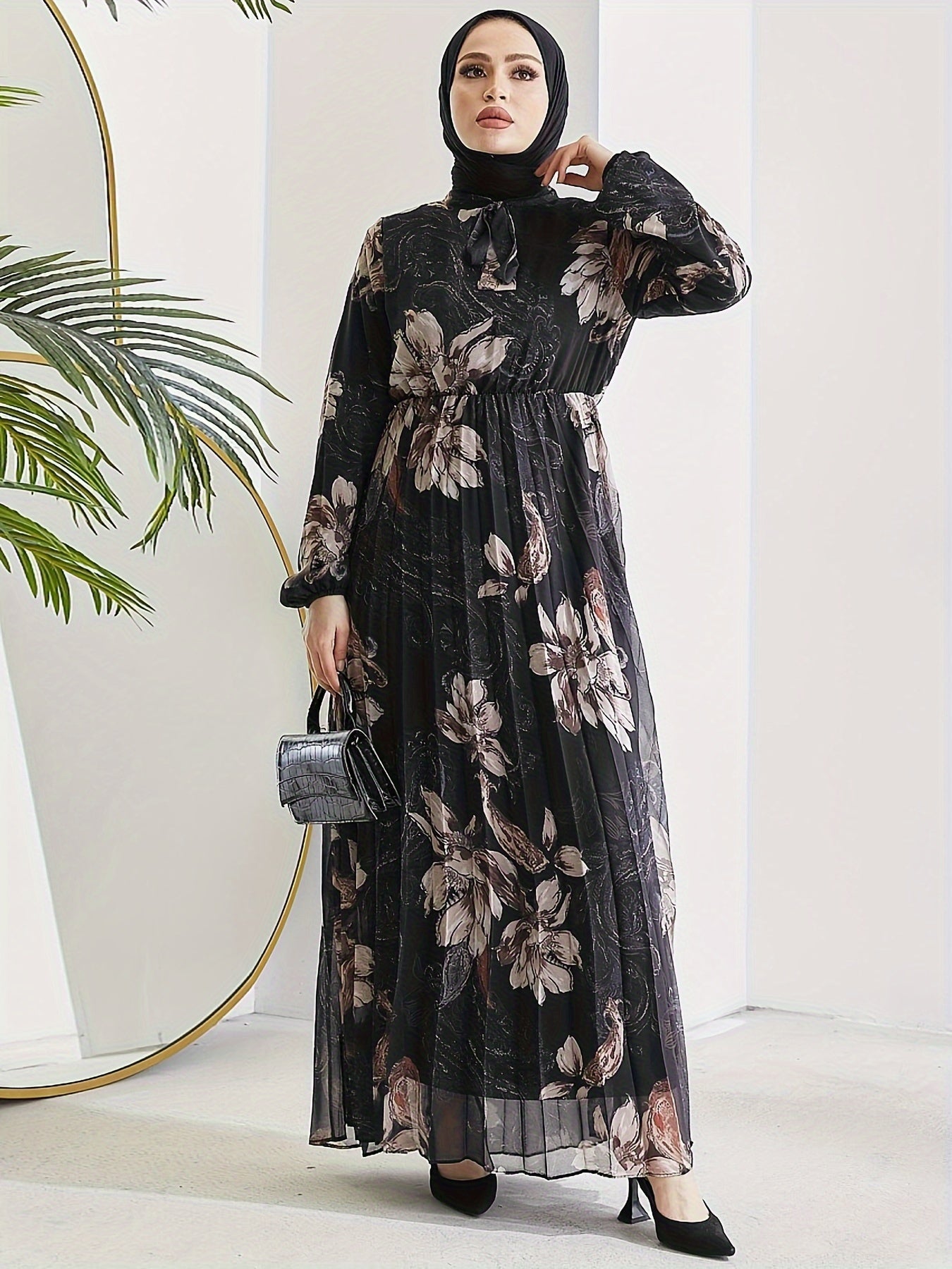 Stunning Floral Print Maxi Kaftan Dress - Modest Long Sleeve, Pleated, Flowy, Polyester, Machine Washable, Random Printing, Middle Eastern Style - Perfect for All Seasons