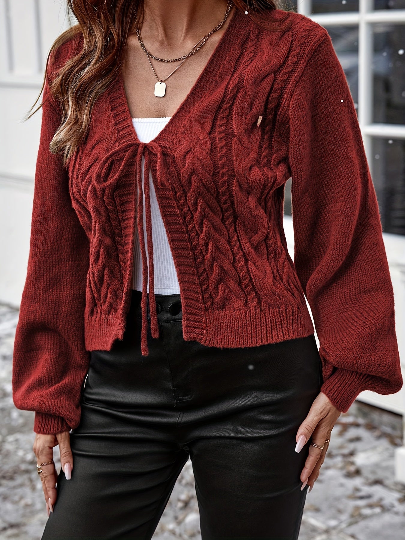 Long Sleeve Solid Color Polyester Cardigan - Elegant Casual Knit Sweater with V-Neck, Tassel Detail, and Drawstring for All Seasons