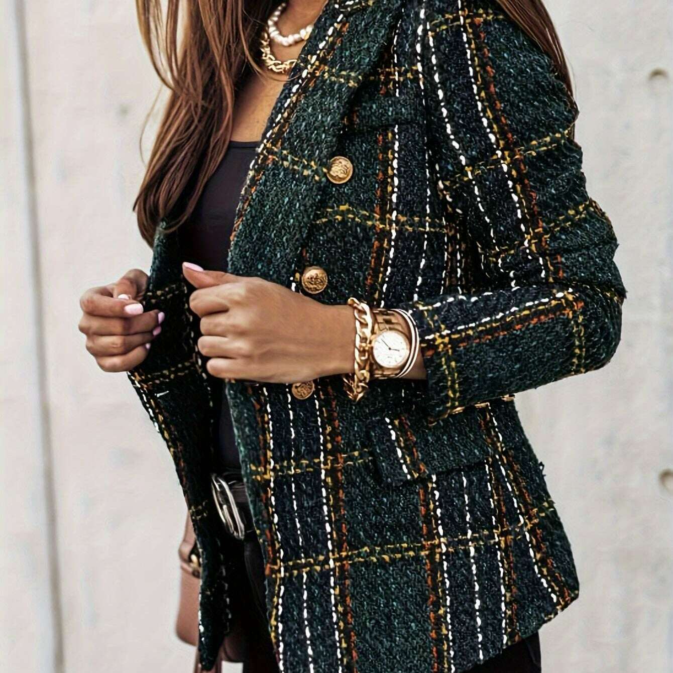 Elegant Plaid Tweed Double-Breasted Blazer for Women