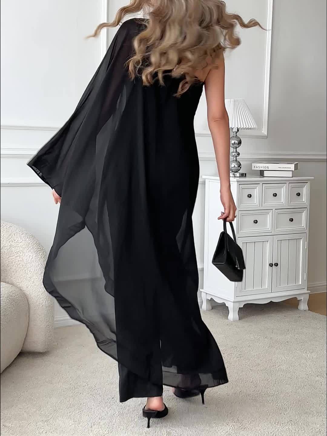 PORRCEY Sexy Single Shoulder Ruffled Sleeveless Solid Color Patchwork Elastic Jumpsuit