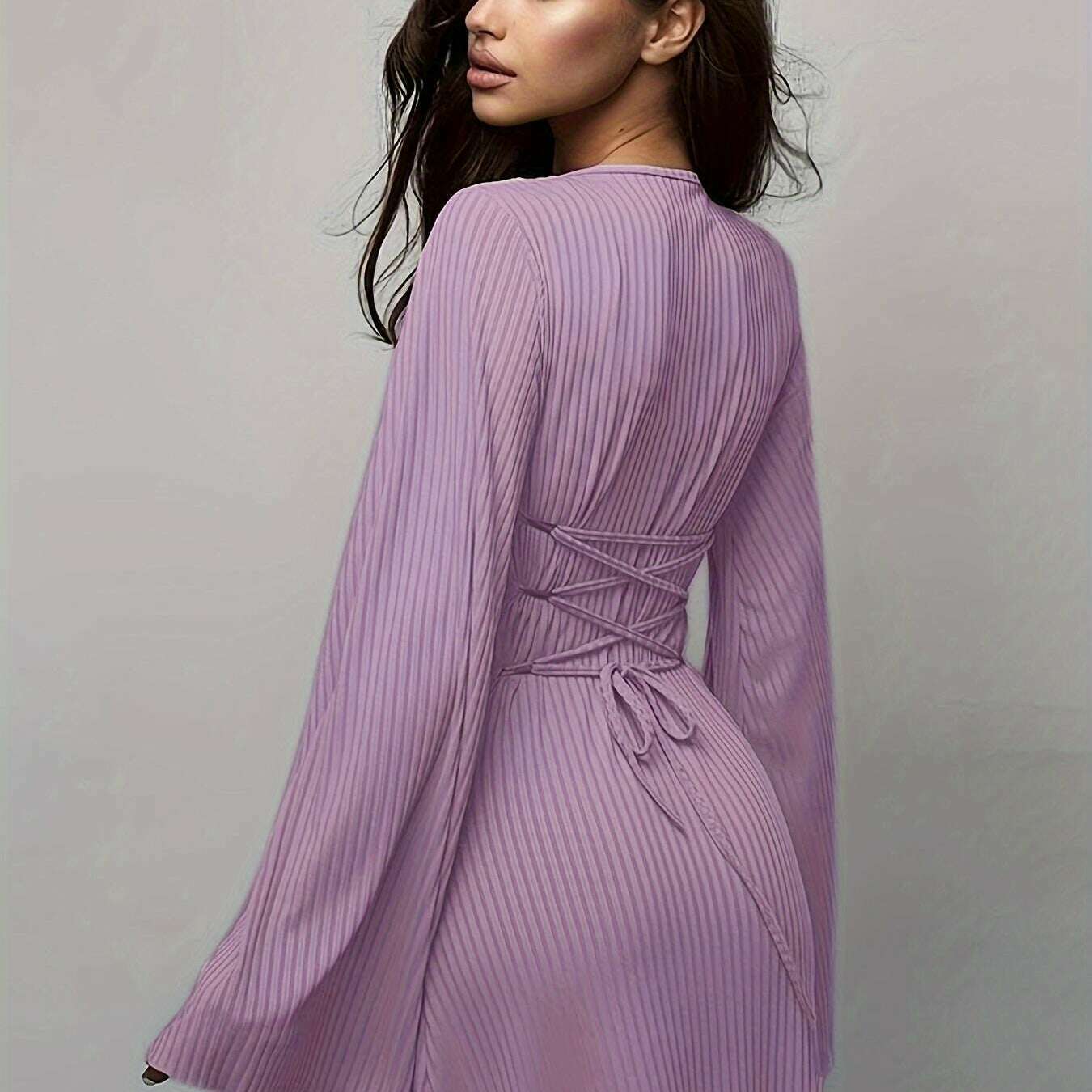 Solid Color Women'S Ribbed Knit Dress with Long Bell Sleeves, Round Neck, And Back Tie.