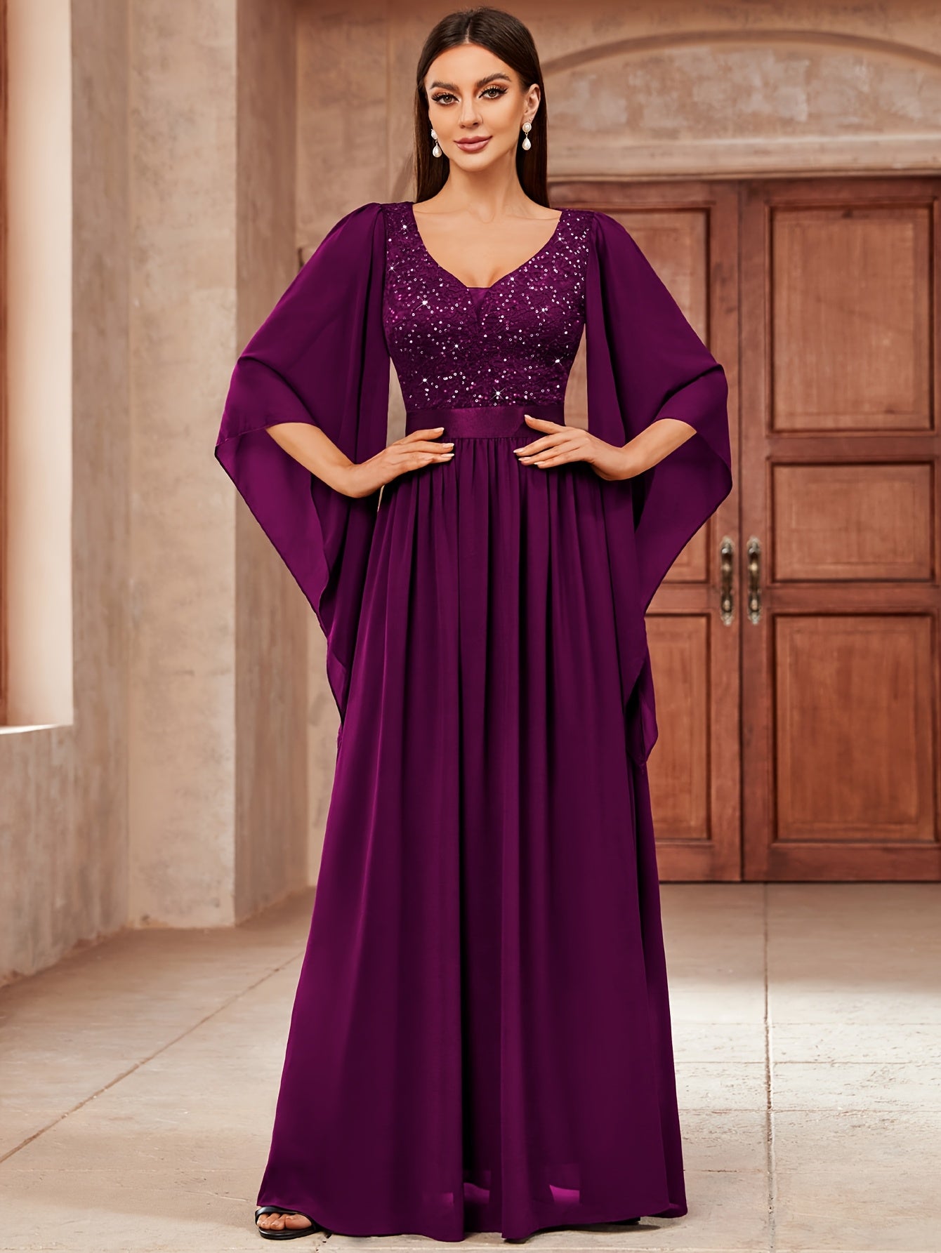 Deep V-Neck Lace Gown – Fit & Flare Sequin Dress