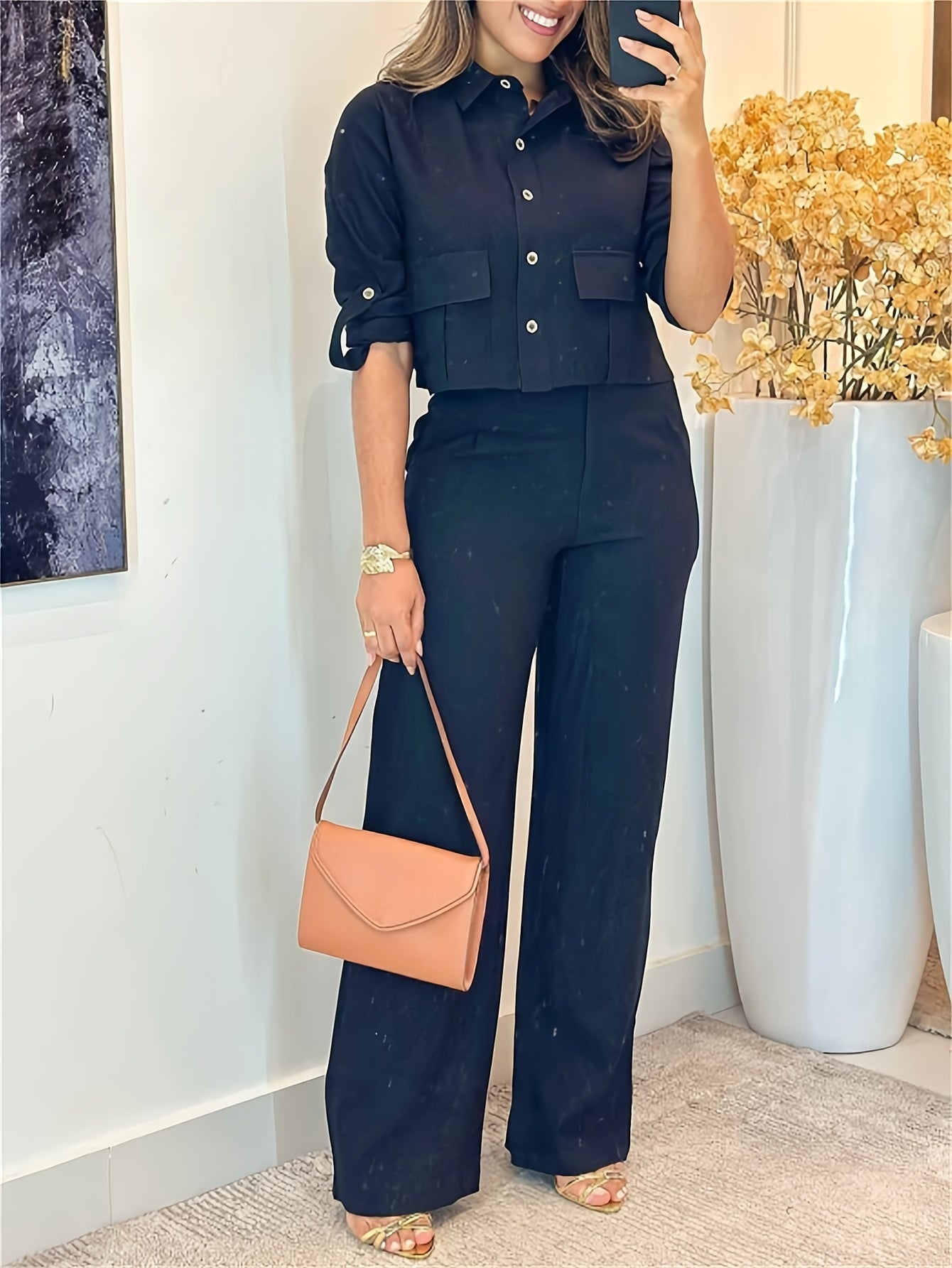 Women’s Shirt & Pants Set – Long Sleeve & Wide Leg