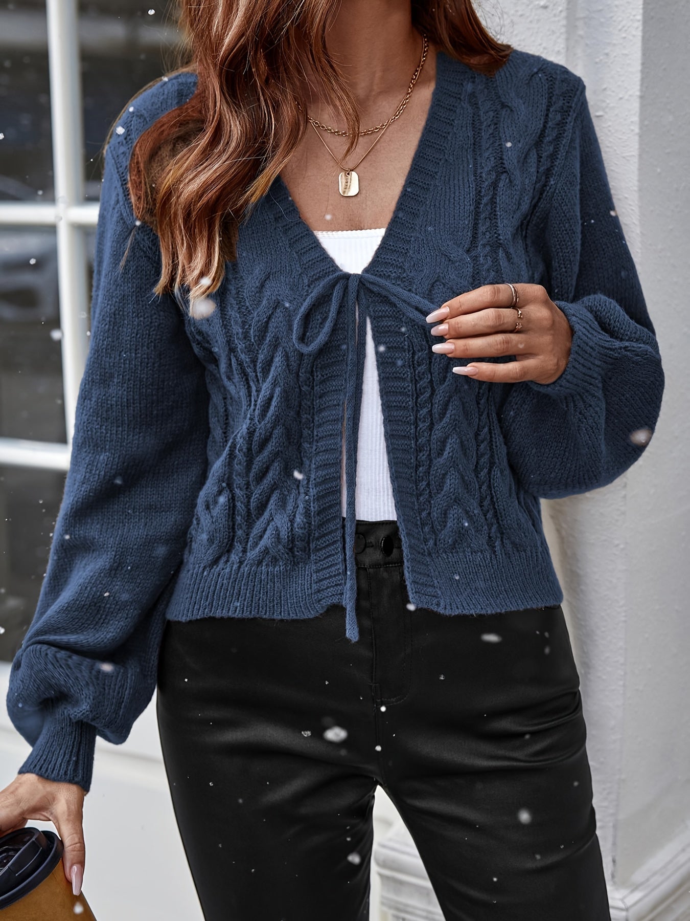Long Sleeve Solid Color Polyester Cardigan - Elegant Casual Knit Sweater with V-Neck, Tassel Detail, and Drawstring for All Seasons