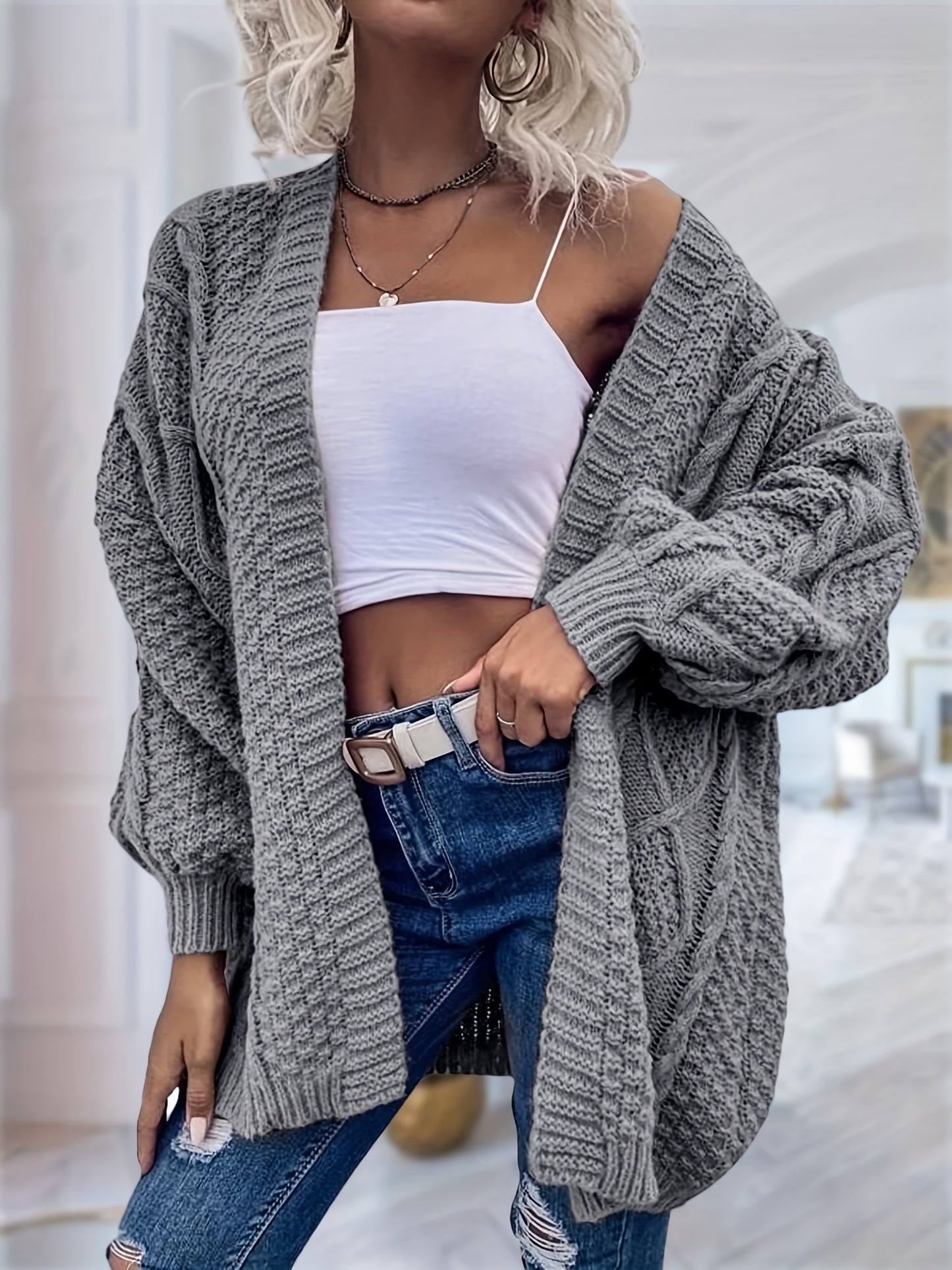 Women's Oversized Chunky Cable Cardigan Sweater Coat - Soft Pink Open Front Long Sleeve Winter Coat with Button-Free Closure, Cozy Fall & Winter Sweater for Casual Semi-Formal Outfits