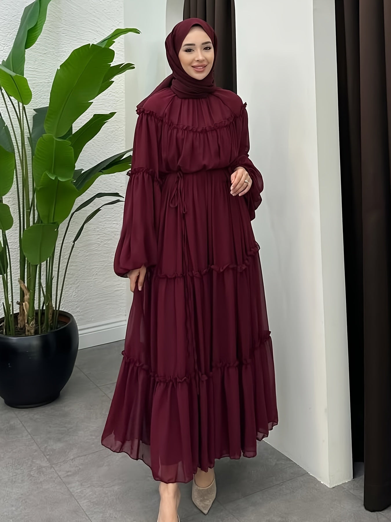 Women's Casual Fashionable Date Vacation Middle Eastern Muslim Minimalist Solid Color Soft Lace Design Long Elegant Dress with Belt