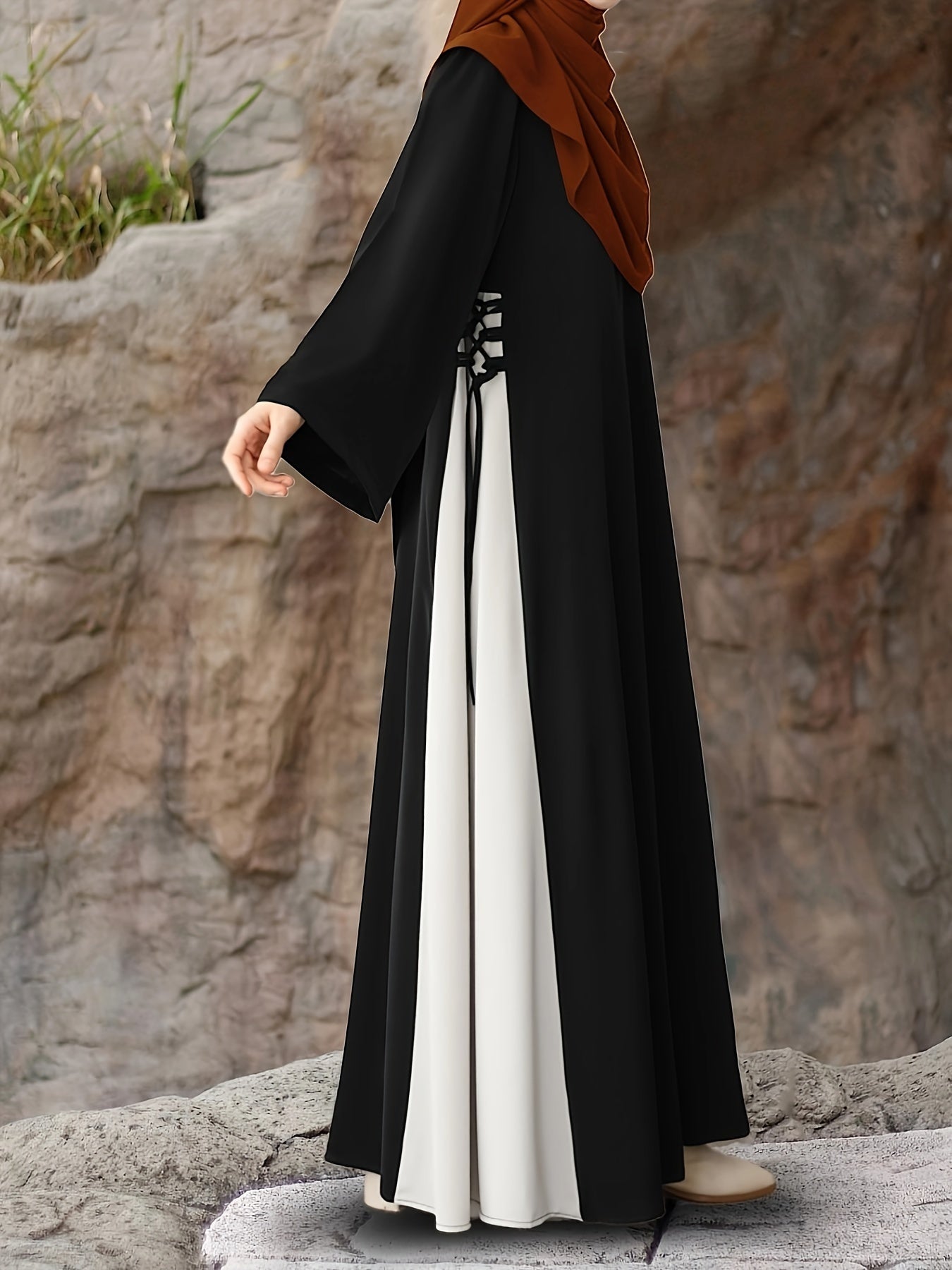 1pc Muslim Abaya Dress Long Sleeve Loose Fit A-Line with Black & White Color-Blocking & Orange Accents - Middle Eastern Elegance Adjustable Side Drawstring for Prayer, Casual, All-Season Wear (No Headscarf Included), Muslim D