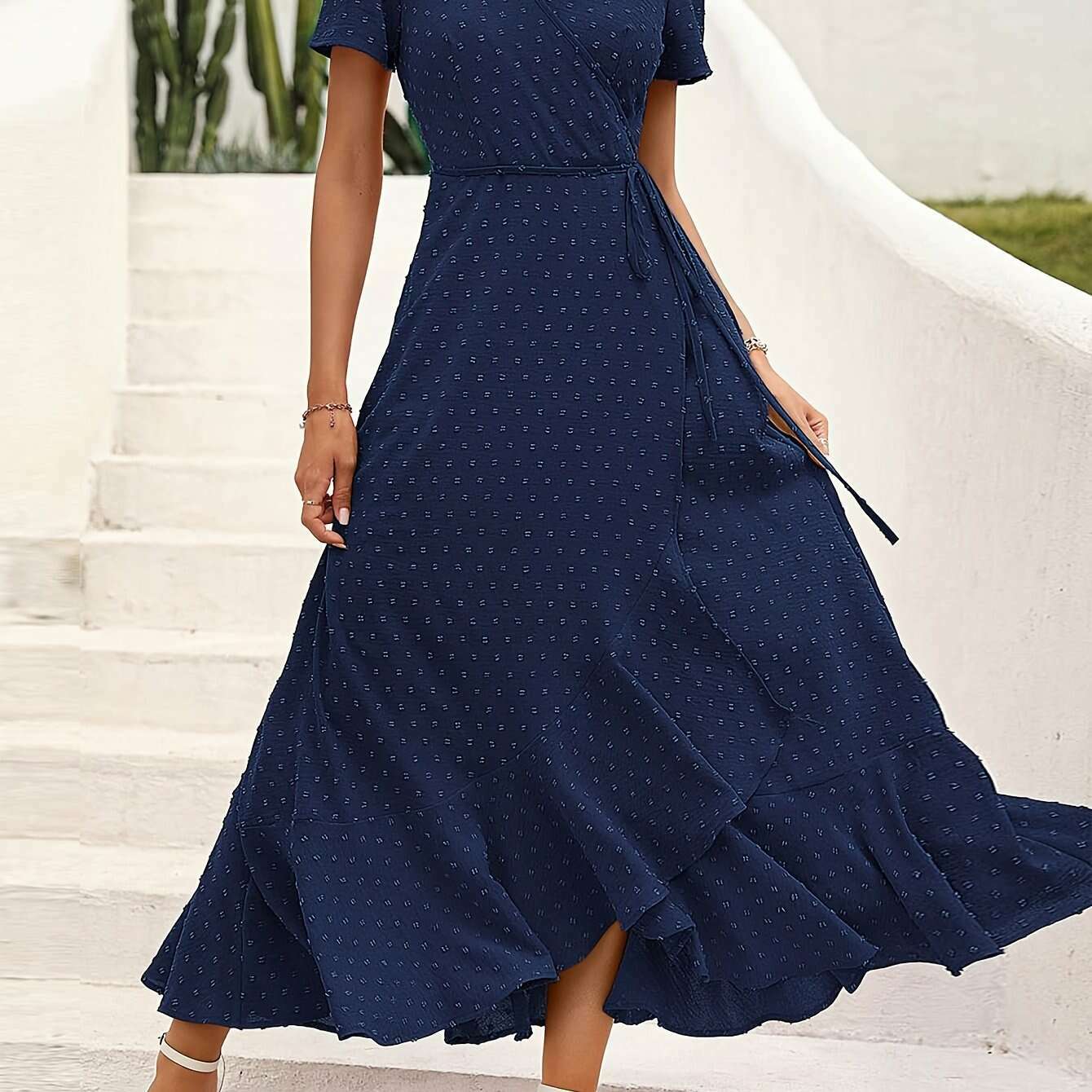 Elegant Women's Swiss Dot Surplice Neck Maxi Dress - D&M Boutique
