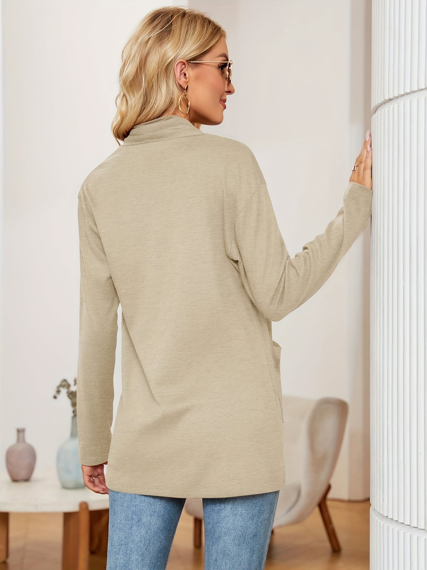 Spring & Autumn Women's Casual Solid Color Cardigan – Open Placket with Double Pocket Design
