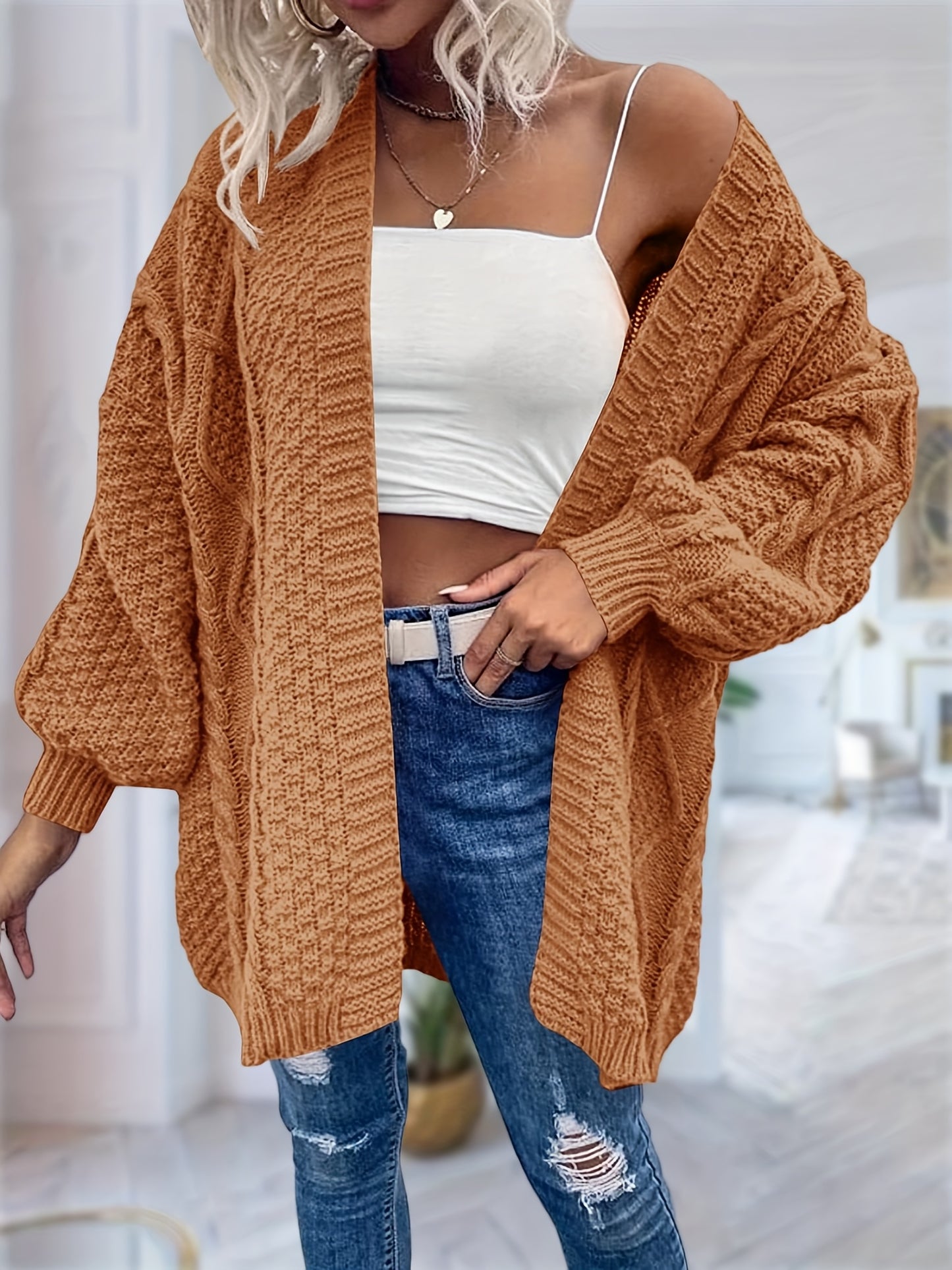 Women's Oversized Chunky Cable Cardigan Sweater Coat - Soft Pink Open Front Long Sleeve Winter Coat with Button-Free Closure, Cozy Fall & Winter Sweater for Casual Semi-Formal Outfits