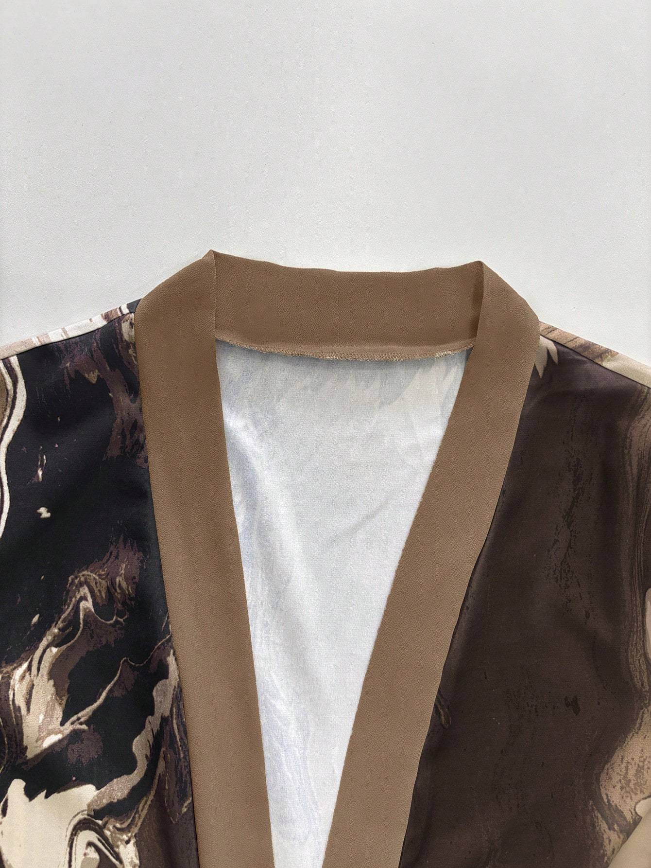 Two-Piece Elegant Brown and Black Abstract Print Robe with Matching Scarf Set, Suitable for Spring/Summer Formal or Semi-Formal Occasions