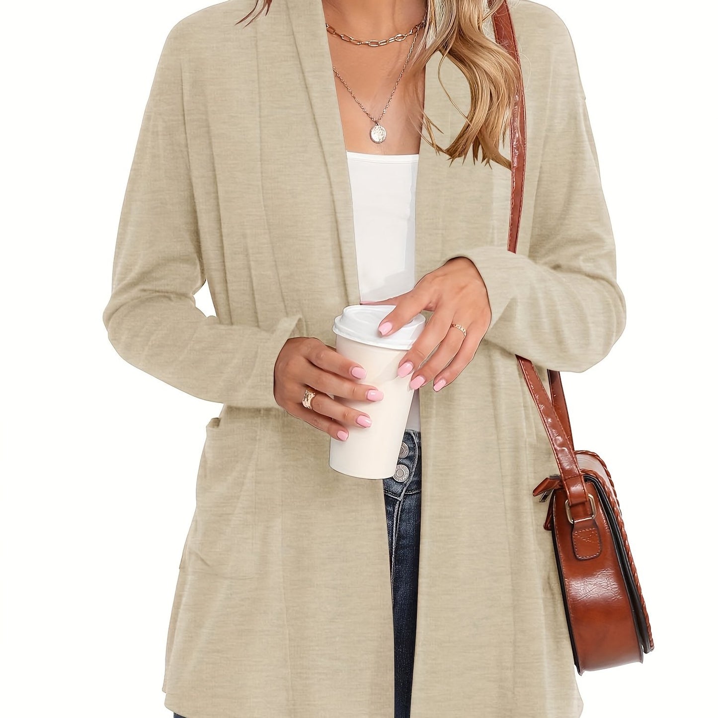 Spring & Autumn Women's Casual Solid Color Cardigan – Open Placket with Double Pocket Design