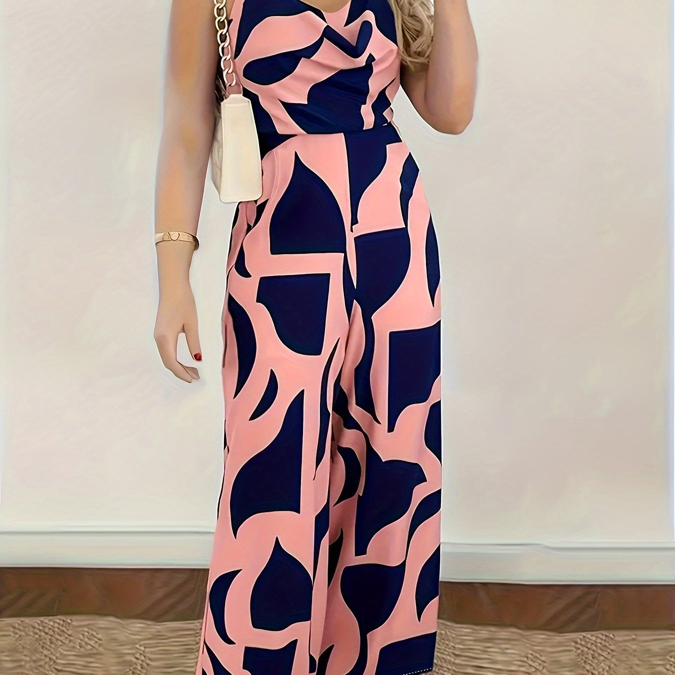 Women's Elegant Off-Shoulder High Waist Wide Leg Jumpsuit - Geometric Print Sleeveless Casual Outfit, Machine Washable Non-Stretch Fabric with Ruching Detail for All-Season Wear, Ladies Rompers And Jumpsuits, Smooth Texture F