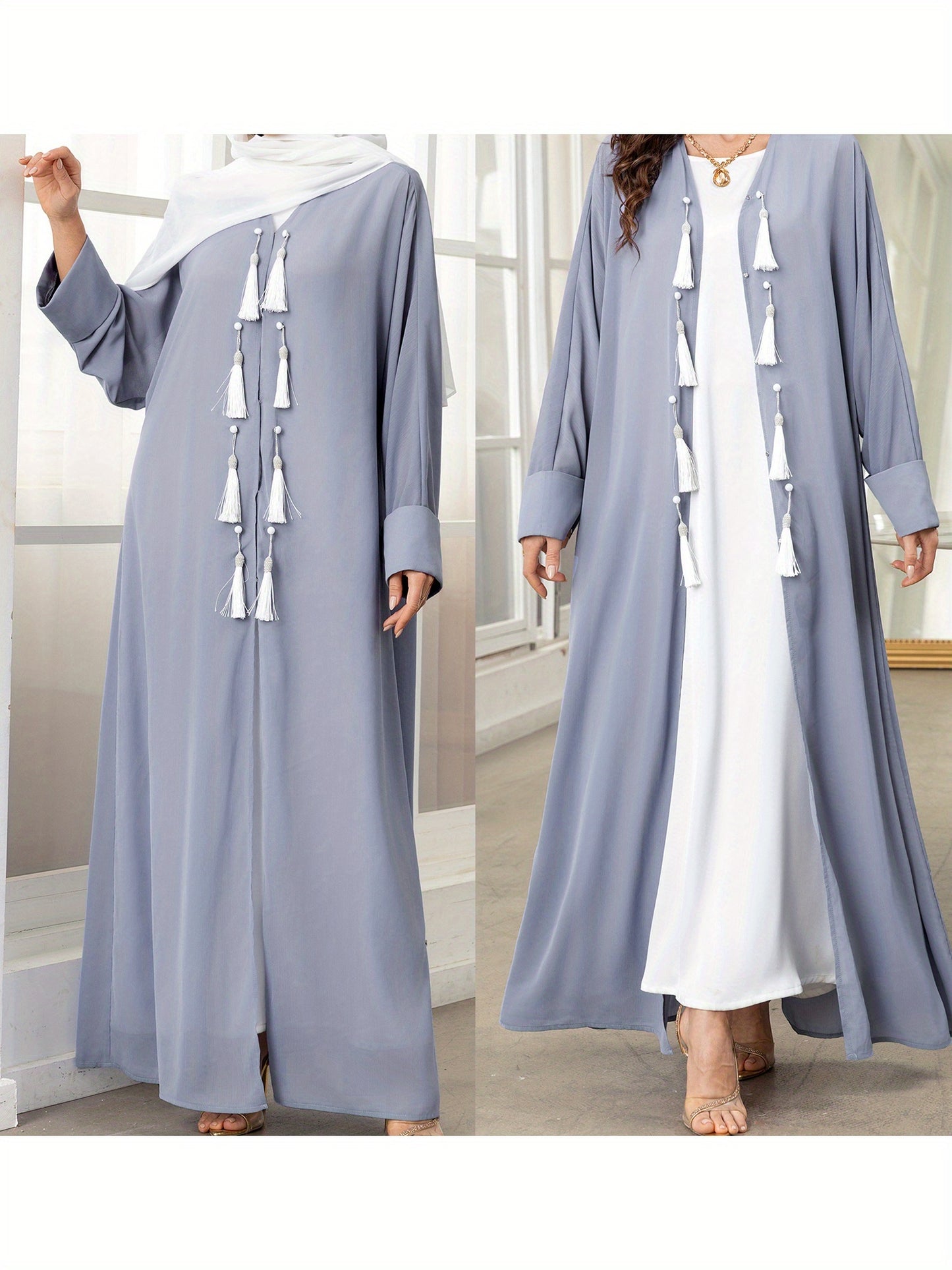 Elegant Gray Long Sleeve Tassel Cardigan - Women’s Loose Fit Caftan Gown for All Seasons, Casual Polyester Robe with Draped Design, Machine Washable