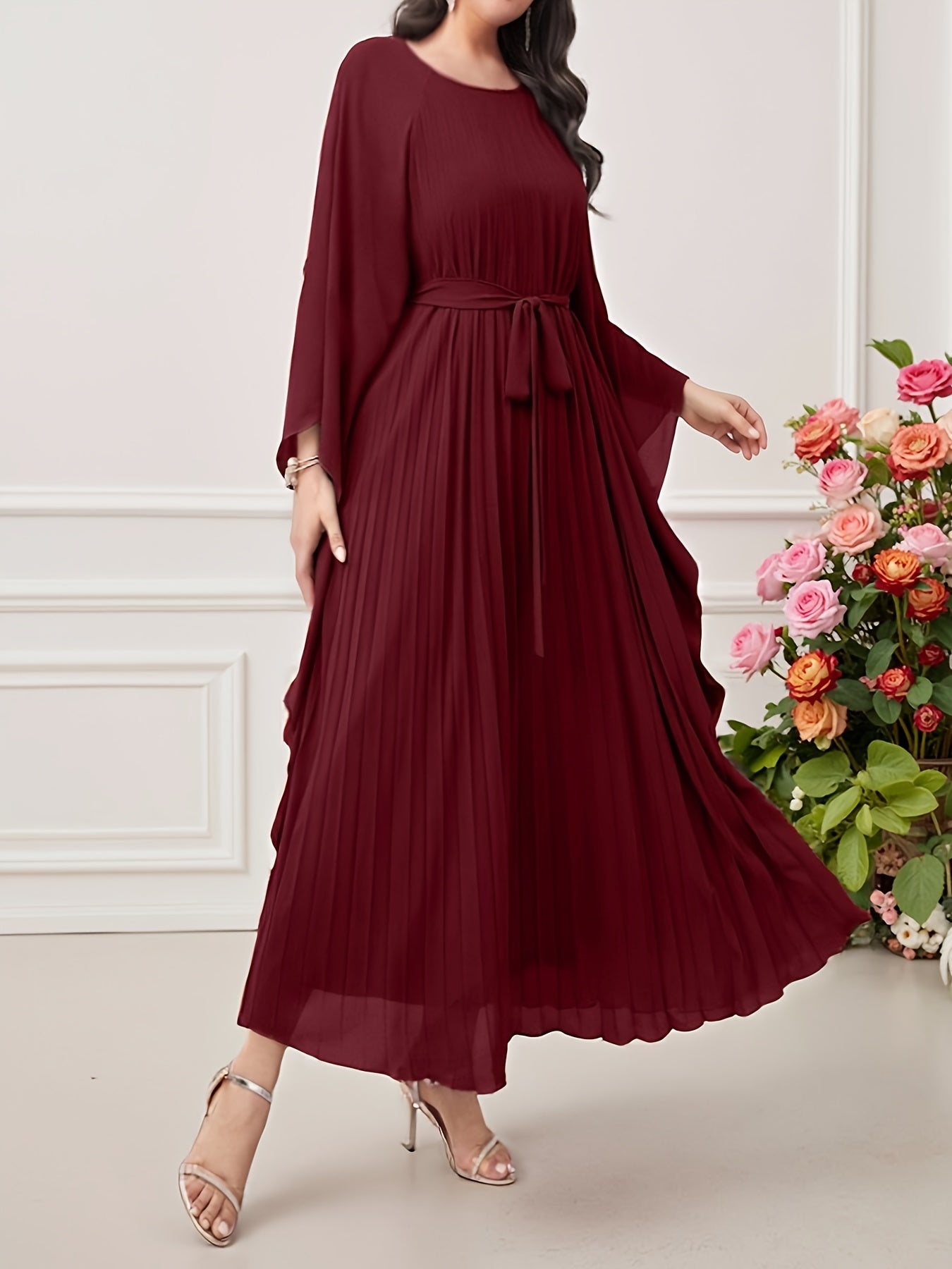 Elegant Maroon Batwing Sleeve Maxi Dress with Tie-Waist Detail - Long Sleeve, A-Line Silhouette, Round Neck, Perfect for Spring/Summer/Fall, Adult Women'S Fashion, Casual Elegant Wear | Batwing Sleeve Dress | Polyester Fabric