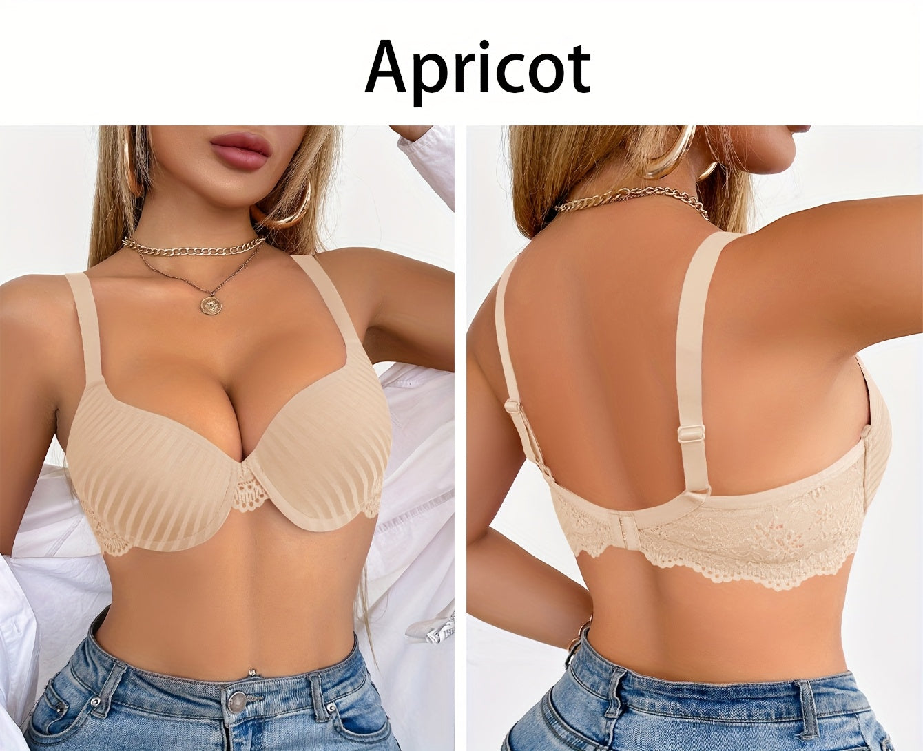 6pcs Women's Elegant Striped Push-Up Bra Set in Black, Beige, Red, White, Light Blue, Navy Blue - Soft, Breathable, Full Coverage Underwire Support with Lace Detailing | Comfortable Everyday Bras | Elegant Striped Bra Set | C