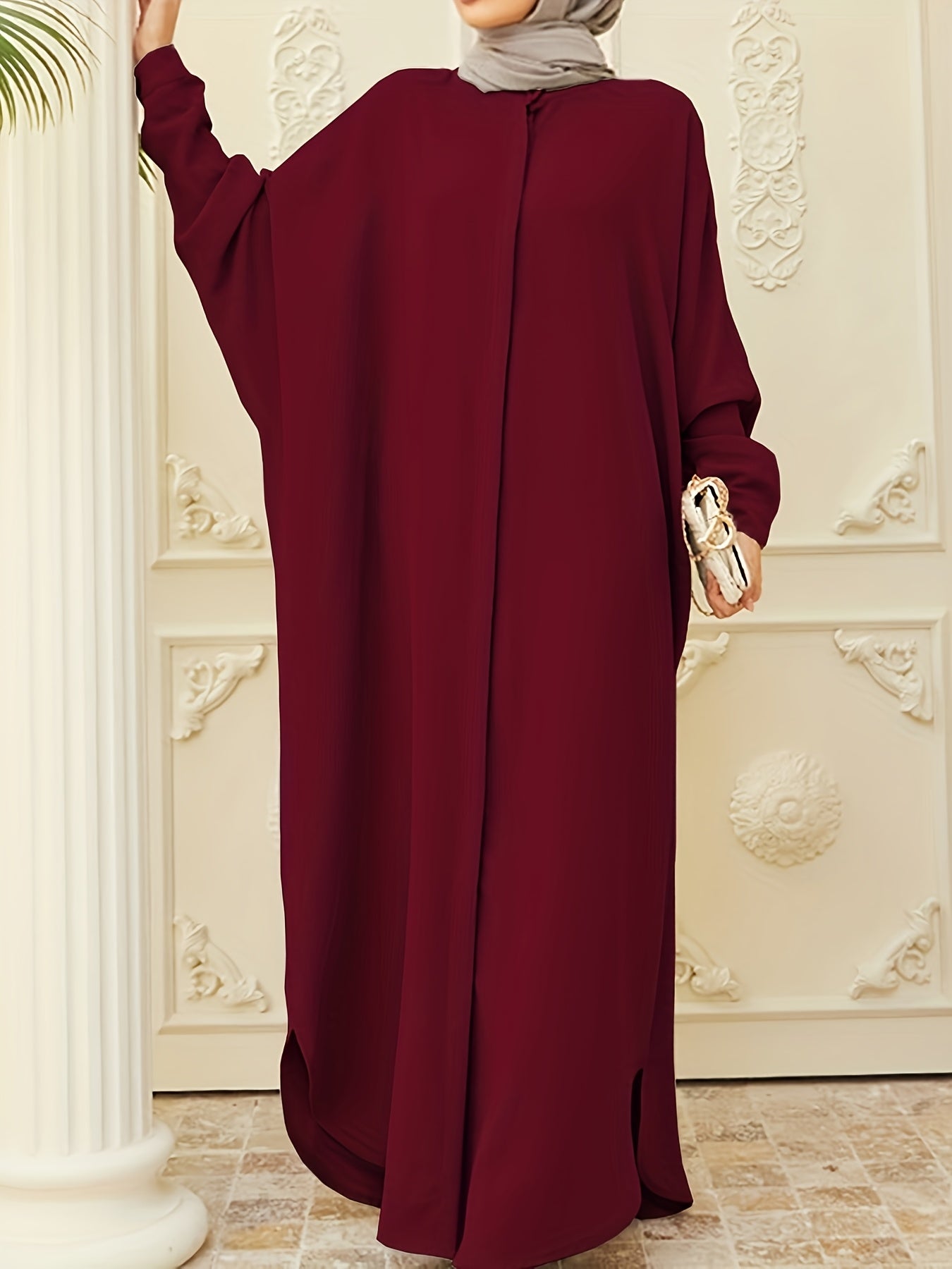 Ramadan Modest Batwing Sleeve Kaftan Dress - Solid Black Loose Fit Maxi Dress with Slit Hem & Button Front, Non-Stretch Fabric for Women, All-Season Versatile Abaya
