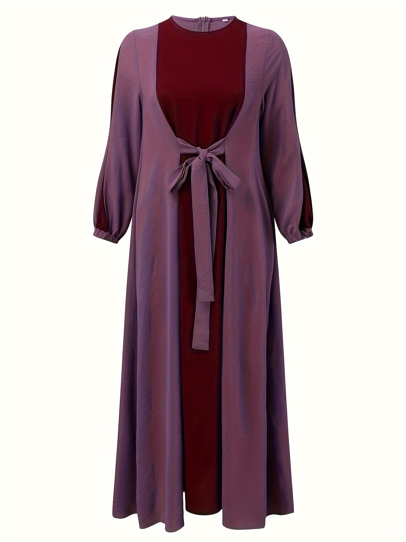 Ramadan Elegant Tie Front Kaftan Dress - Abayas with Long Sleeve, Maxi Length, Color Block Design, Women's Clothing for Special Occasions - Classic, Modest, and Chic Fashion