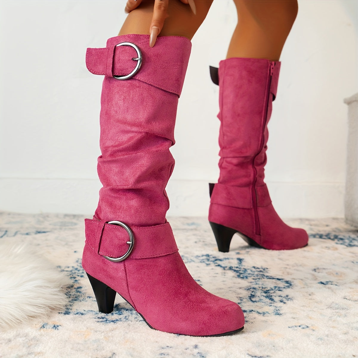 Women's Knee-High Boots with Pointed Toe, Cone Heel, Zip Closure, and Fabric Upper