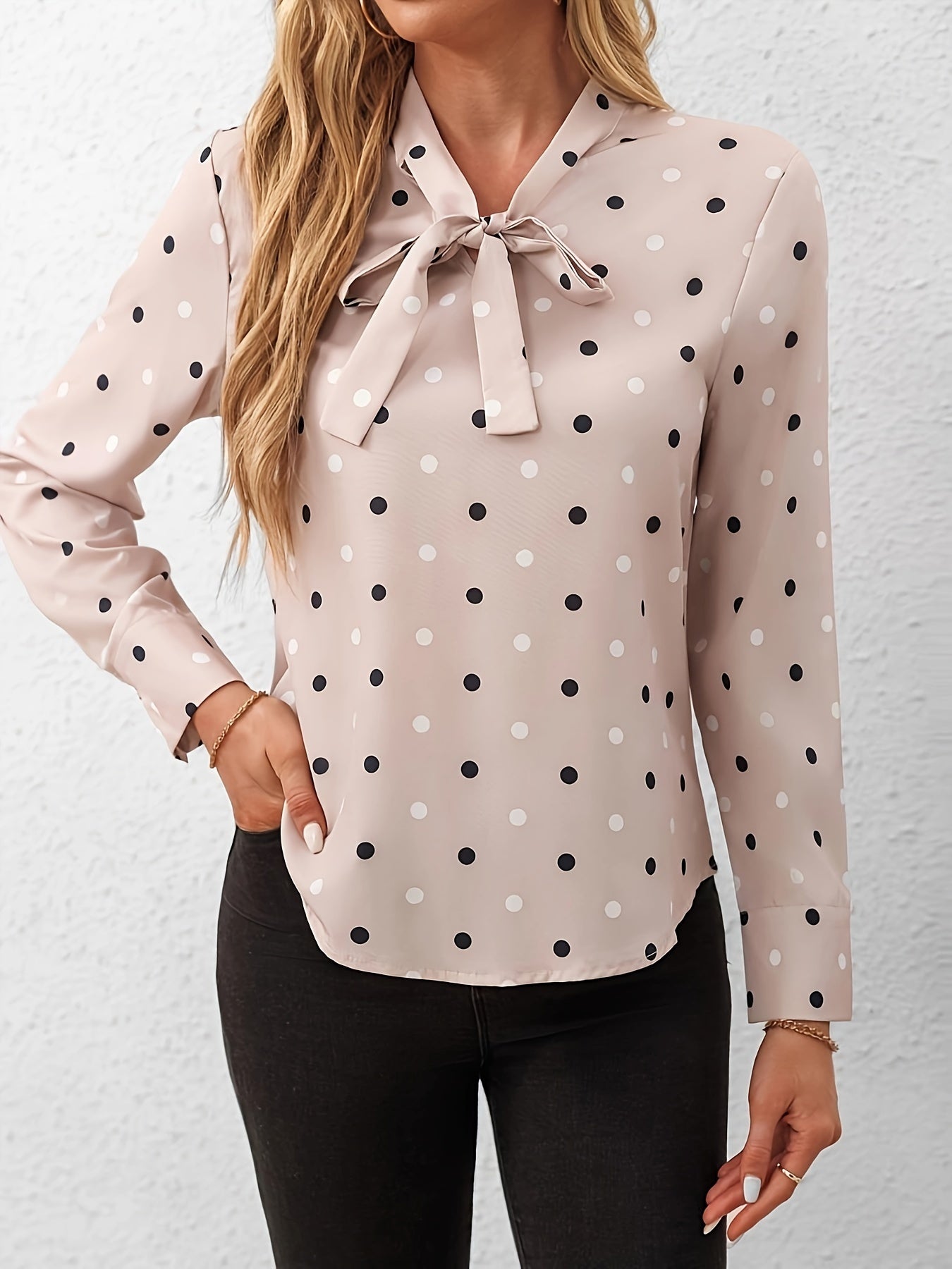 Women's Polka Dot Bowknot Collar Shirt - Long Sleeve Polyester Top, Machine Washable & Wrinkle-Resistant, Elegant Office & Casual Wear for Spring Summer Fall, Casual Latest Design Collar Shirts, Seasonal Fashion, Easycare Clo