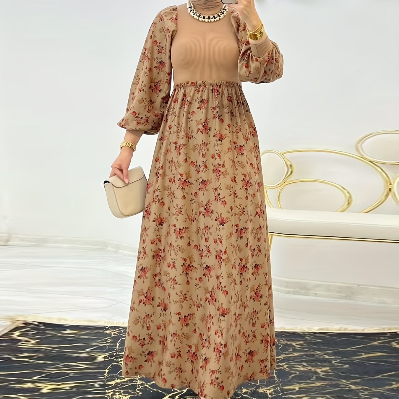 Women's Middle Eastern-Inspired Floral Print Maxi Dress - Polyester-Spandex Blend, Machine Washable, All-Season Versatile Wear, Elegant Casual to Formal Occasion Dress