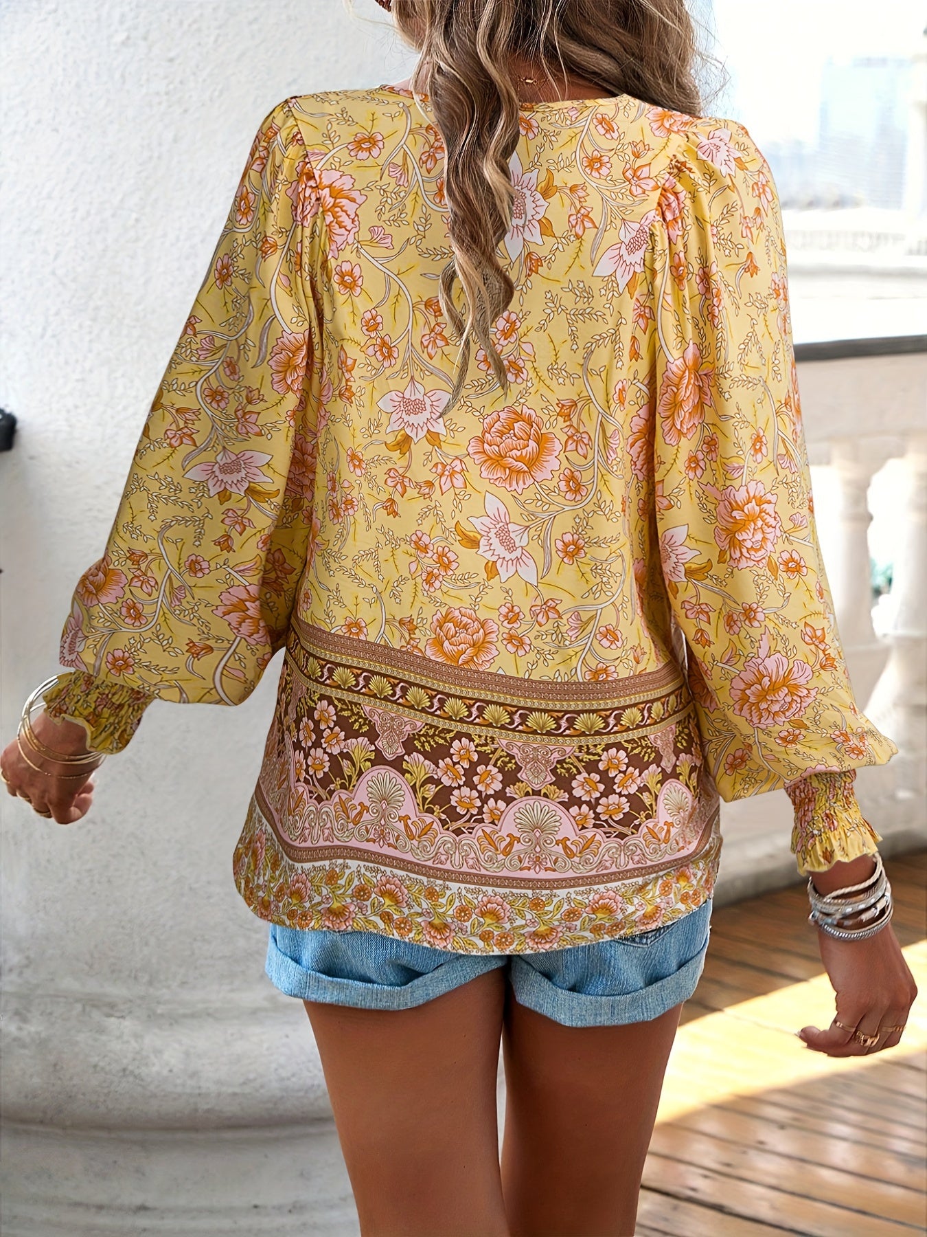 Floral Print V Neck Blouse, Casual Drawstring Long Sleeve Blouse For Spring & Fall, Women'S Clothing