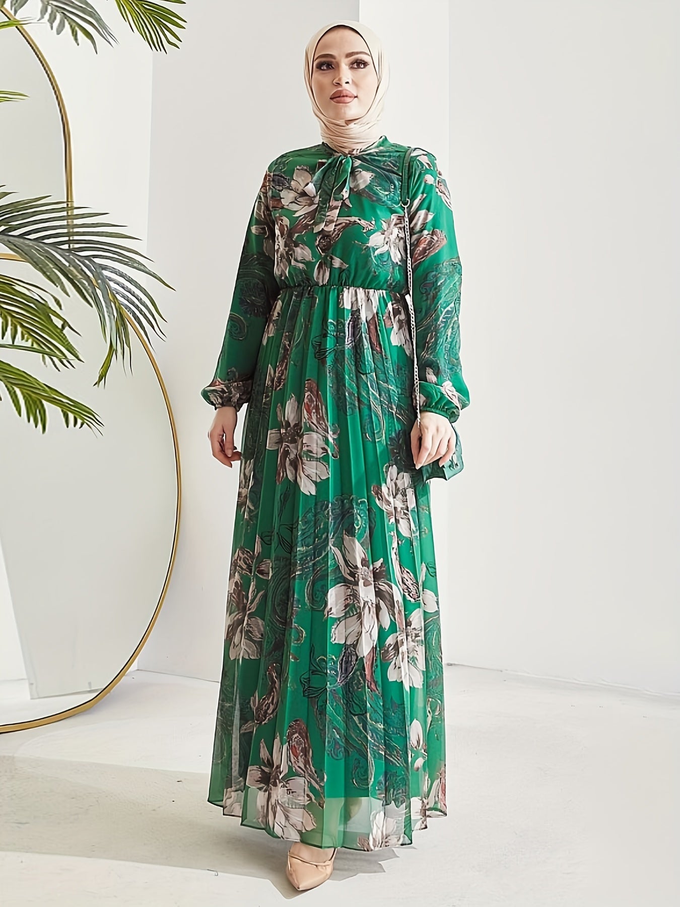 Stunning Floral Print Maxi Kaftan Dress - Modest Long Sleeve, Pleated, Flowy, Polyester, Machine Washable, Random Printing, Middle Eastern Style - Perfect for All Seasons
